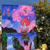 Rose gathering femmes take flight Original painting, Femme fairies from Mother Gaia takes flight in their new rose flower hot air ballooned vehicles. These fairies travel far and wide to make sure the frequencies in the air are encrypted with unconditional love. Surreal rose artwork. Rose Femmes painting for sale. Whimsical fantastical paintings and artworks for sale. Playful hot air balloon women, Identicaleternalsuns