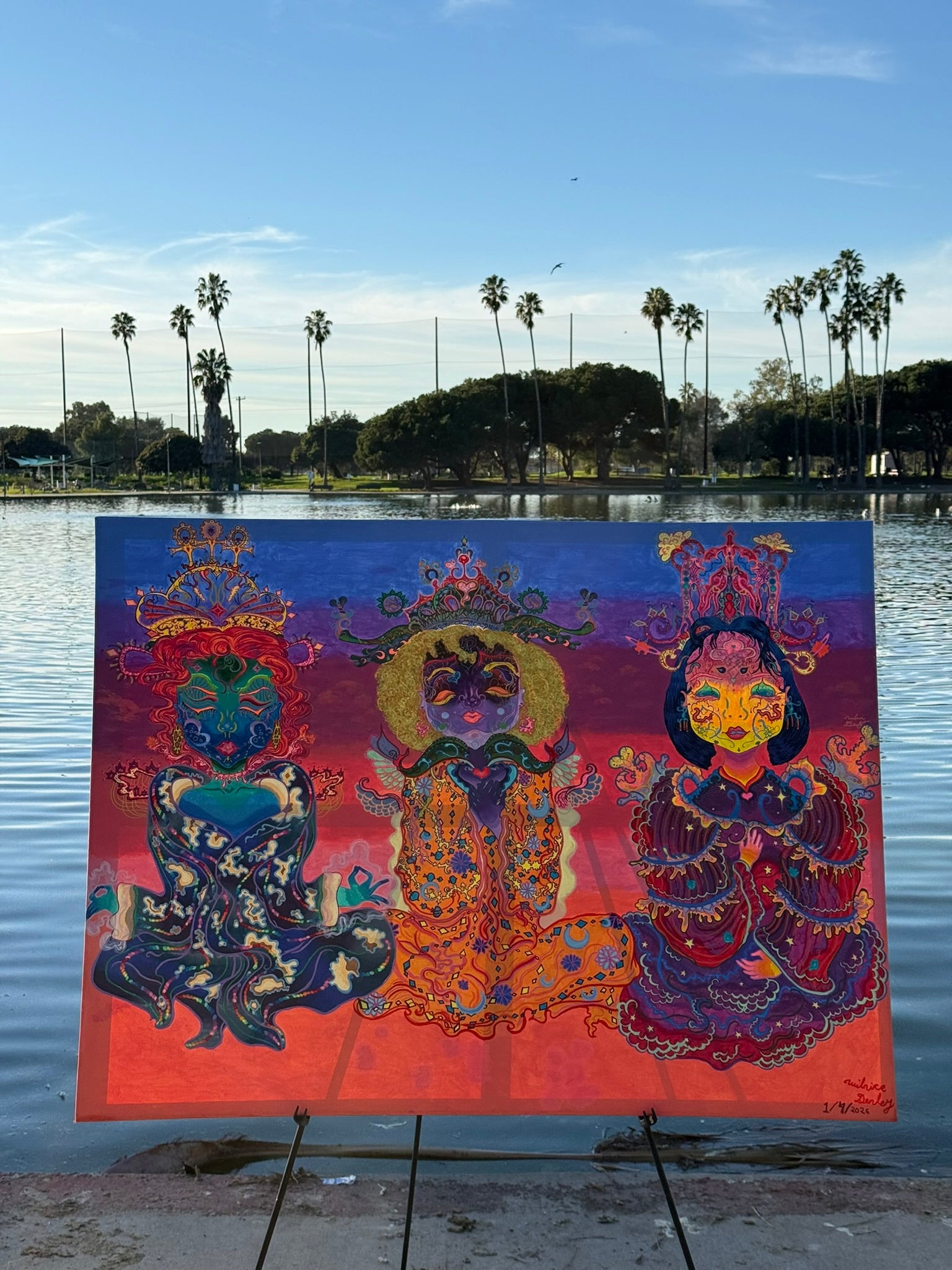 The Three Queens of Tara and Tiamat Original Painting, High Priestesses, Tara and Tiamat, sovereignty, divine feminine, cosmic consciousness, healing energy, meditation, ultra glee, empowerment, sacred heart, emotional nurturing, divine will, cosmic Christ, colors of unity, collective healing, regal queens, timelessness, energy flow, mystical realms, spiritual awakening, fantastical art, surreal paintings, whimsical artwork, colorful surrealism, detailed fantasy art, vibrant surreal art, highly detailed pai