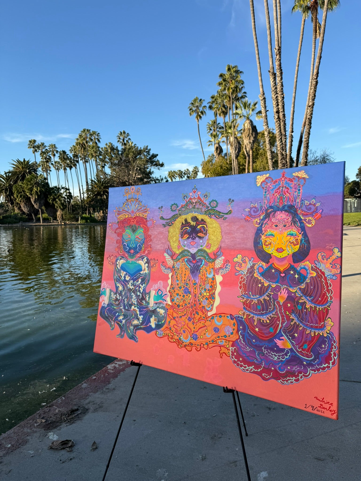 The Three Queens of Tara and Tiamat Original Painting, High Priestesses, Tara and Tiamat, sovereignty, divine feminine, cosmic consciousness, healing energy, meditation, ultra glee, empowerment, sacred heart, emotional nurturing, divine will, cosmic Christ, colors of unity, collective healing, regal queens, timelessness, energy flow, mystical realms, spiritual awakening, fantastical art, surreal paintings, whimsical artwork, colorful surrealism, detailed fantasy art, vibrant surreal art, highly detailed pai