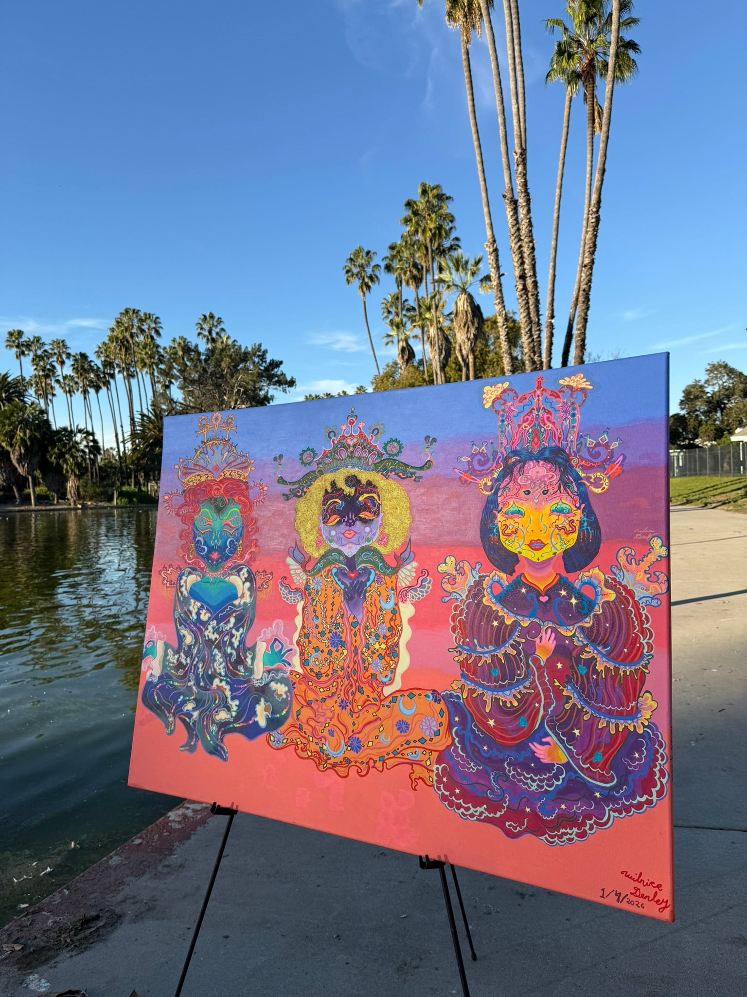 The Three Queens of Tara and Tiamat Original Painting, High Priestesses, Tara and Tiamat, sovereignty, divine feminine, cosmic consciousness, healing energy, meditation, ultra glee, empowerment, sacred heart, emotional nurturing, divine will, cosmic Christ, colors of unity, collective healing, regal queens, timelessness, energy flow, mystical realms, spiritual awakening, fantastical art, surreal paintings, whimsical artwork, colorful surrealism, detailed fantasy art, vibrant surreal art, highly detailed pai
