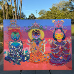 The Three Queens of Tara and Tiamat Original Painting, High Priestesses, Tara and Tiamat, sovereignty, divine feminine, cosmic consciousness, healing energy, meditation, ultra glee, empowerment, sacred heart, emotional nurturing, divine will, cosmic Christ, colors of unity, collective healing, regal queens, timelessness, energy flow, mystical realms, spiritual awakening, fantastical art, surreal paintings, whimsical artwork, colorful surrealism, detailed fantasy art, vibrant surreal art, highly detailed pai
