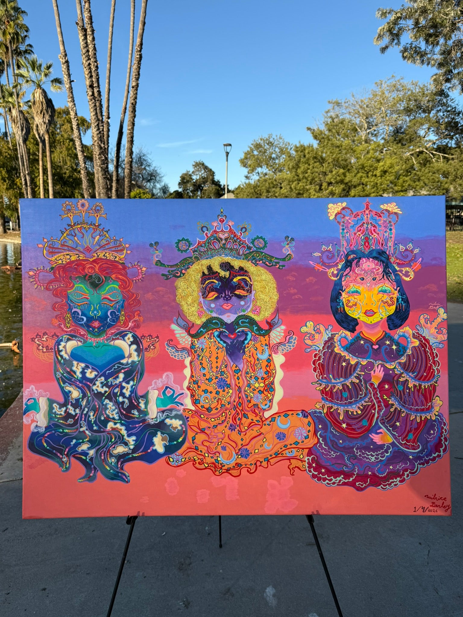 The Three Queens of Tara and Tiamat Original Painting, High Priestesses, Tara and Tiamat, sovereignty, divine feminine, cosmic consciousness, healing energy, meditation, ultra glee, empowerment, sacred heart, emotional nurturing, divine will, cosmic Christ, colors of unity, collective healing, regal queens, timelessness, energy flow, mystical realms, spiritual awakening, fantastical art, surreal paintings, whimsical artwork, colorful surrealism, detailed fantasy art, vibrant surreal art, highly detailed pai