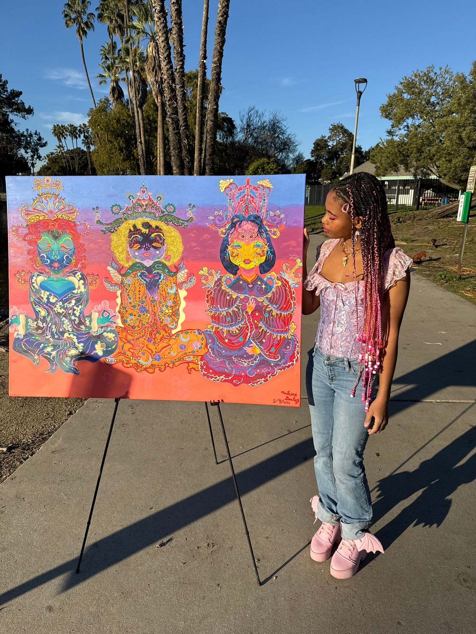The Three Queens of Tara and Tiamat Original Painting, High Priestesses, Tara and Tiamat, sovereignty, divine feminine, cosmic consciousness, healing energy, meditation, ultra glee, empowerment, sacred heart, emotional nurturing, divine will, cosmic Christ, colors of unity, collective healing, regal queens, timelessness, energy flow, mystical realms, spiritual awakening, fantastical art, surreal paintings, whimsical artwork, colorful surrealism, detailed fantasy art, vibrant surreal art, highly detailed pai