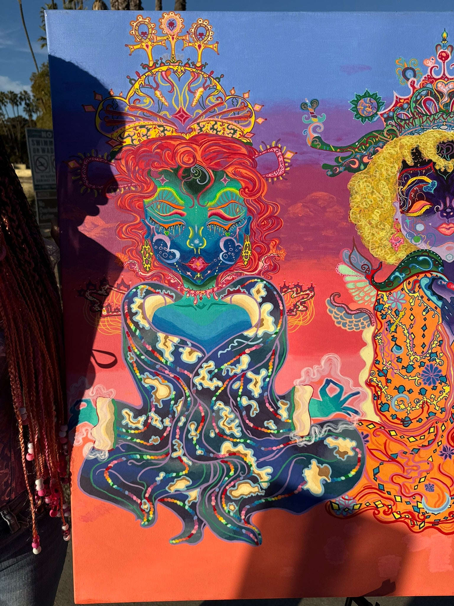 The Three Queens of Tara and Tiamat Original Painting, High Priestesses, Tara and Tiamat, sovereignty, divine feminine, cosmic consciousness, healing energy, meditation, ultra glee, empowerment, sacred heart, emotional nurturing, divine will, cosmic Christ, colors of unity, collective healing, regal queens, timelessness, energy flow, mystical realms, spiritual awakening, fantastical art, surreal paintings, whimsical artwork, colorful surrealism, detailed fantasy art, vibrant surreal art, highly detailed pai
