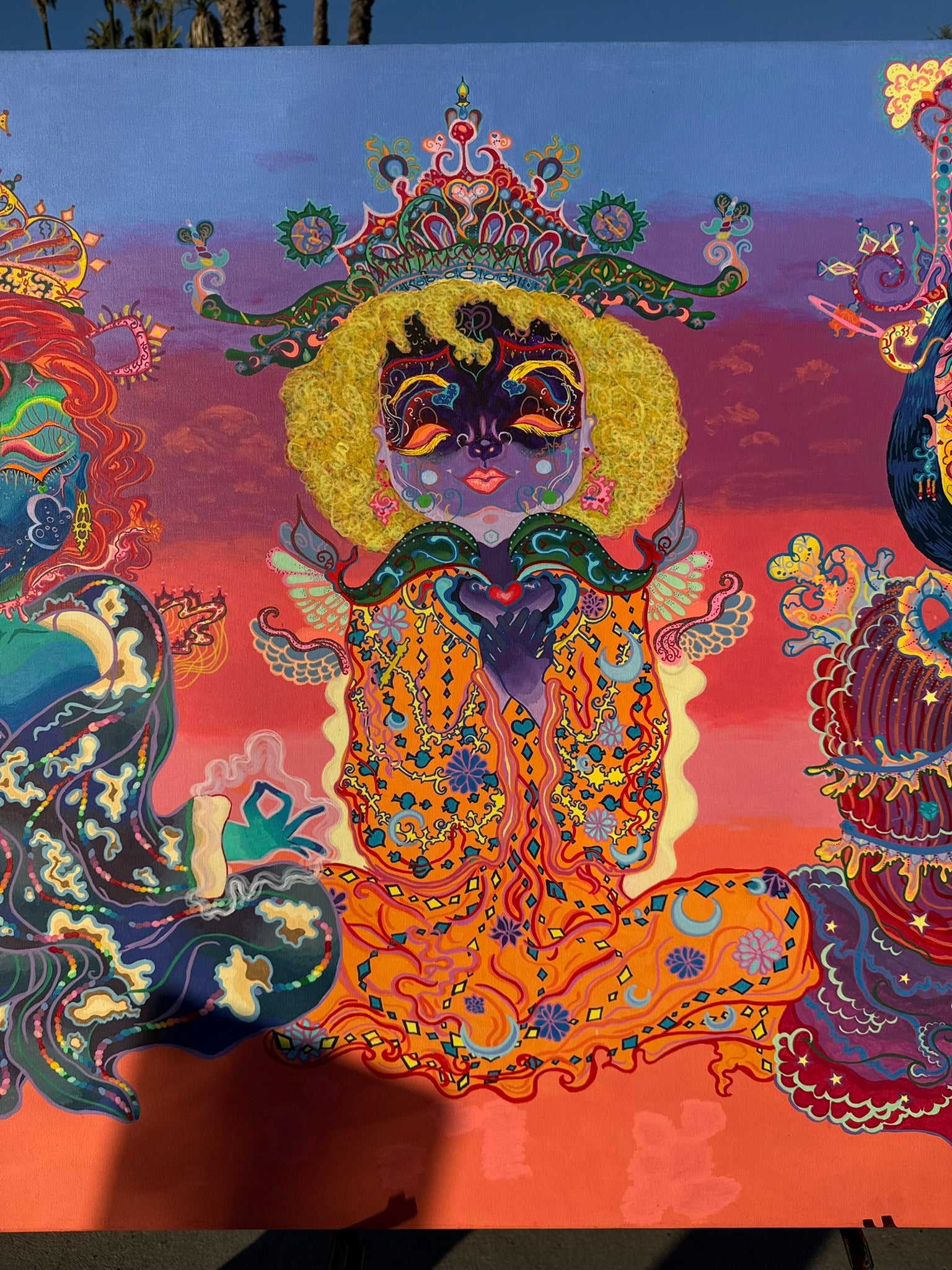 The Three Queens of Tara and Tiamat Original Painting, High Priestesses, Tara and Tiamat, sovereignty, divine feminine, cosmic consciousness, healing energy, meditation, ultra glee, empowerment, sacred heart, emotional nurturing, divine will, cosmic Christ, colors of unity, collective healing, regal queens, timelessness, energy flow, mystical realms, spiritual awakening, fantastical art, surreal paintings, whimsical artwork, colorful surrealism, detailed fantasy art, vibrant surreal art, highly detailed pai
