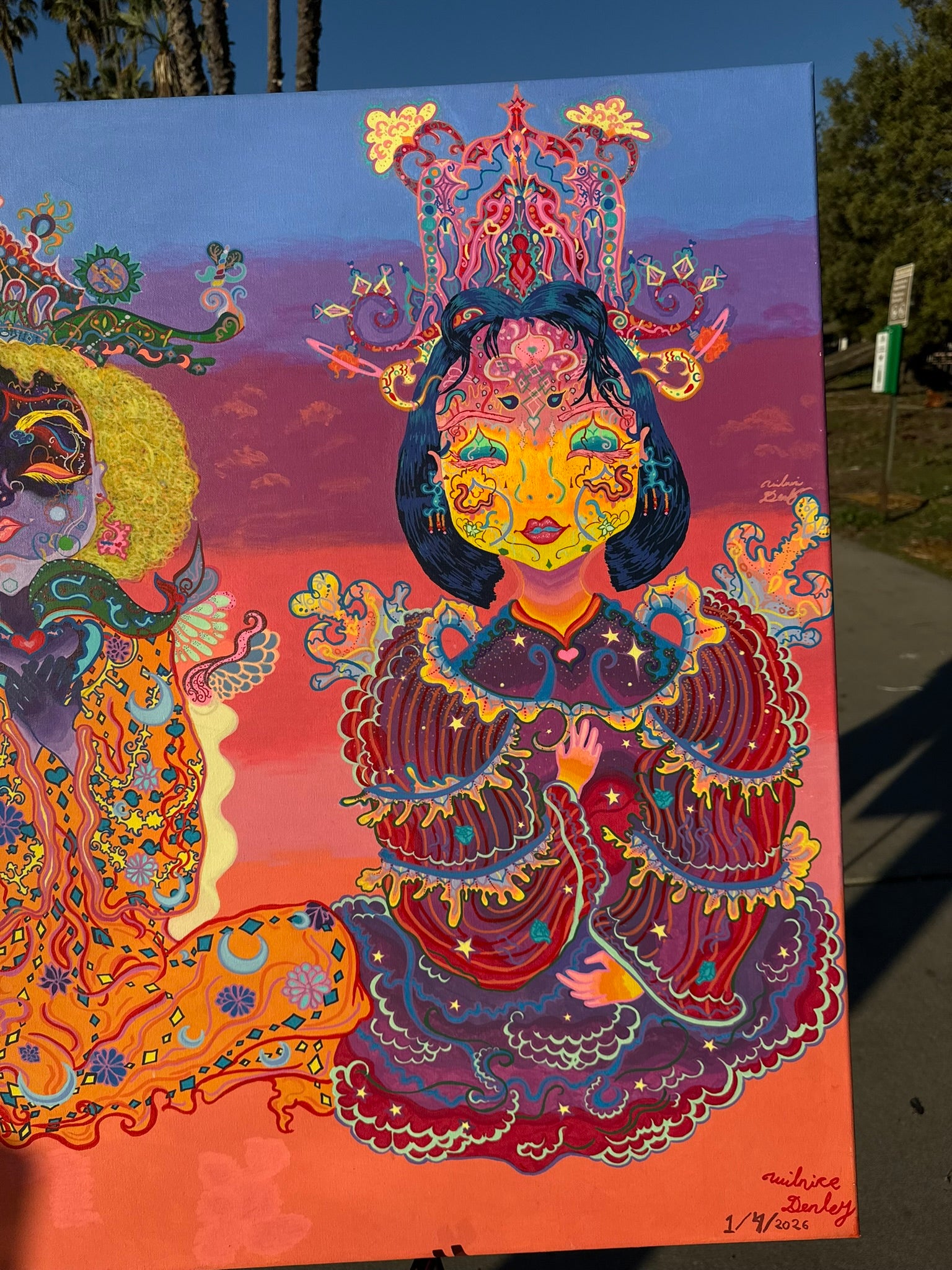 The Three Queens of Tara and Tiamat Original Painting, High Priestesses, Tara and Tiamat, sovereignty, divine feminine, cosmic consciousness, healing energy, meditation, ultra glee, empowerment, sacred heart, emotional nurturing, divine will, cosmic Christ, colors of unity, collective healing, regal queens, timelessness, energy flow, mystical realms, spiritual awakening, fantastical art, surreal paintings, whimsical artwork, colorful surrealism, detailed fantasy art, vibrant surreal art, highly detailed pai