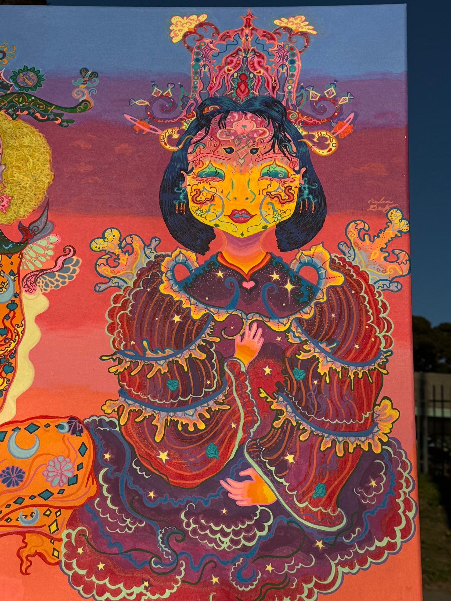 The Three Queens of Tara and Tiamat Original Painting, High Priestesses, Tara and Tiamat, sovereignty, divine feminine, cosmic consciousness, healing energy, meditation, ultra glee, empowerment, sacred heart, emotional nurturing, divine will, cosmic Christ, colors of unity, collective healing, regal queens, timelessness, energy flow, mystical realms, spiritual awakening, fantastical art, surreal paintings, whimsical artwork, colorful surrealism, detailed fantasy art, vibrant surreal art, highly detailed pai