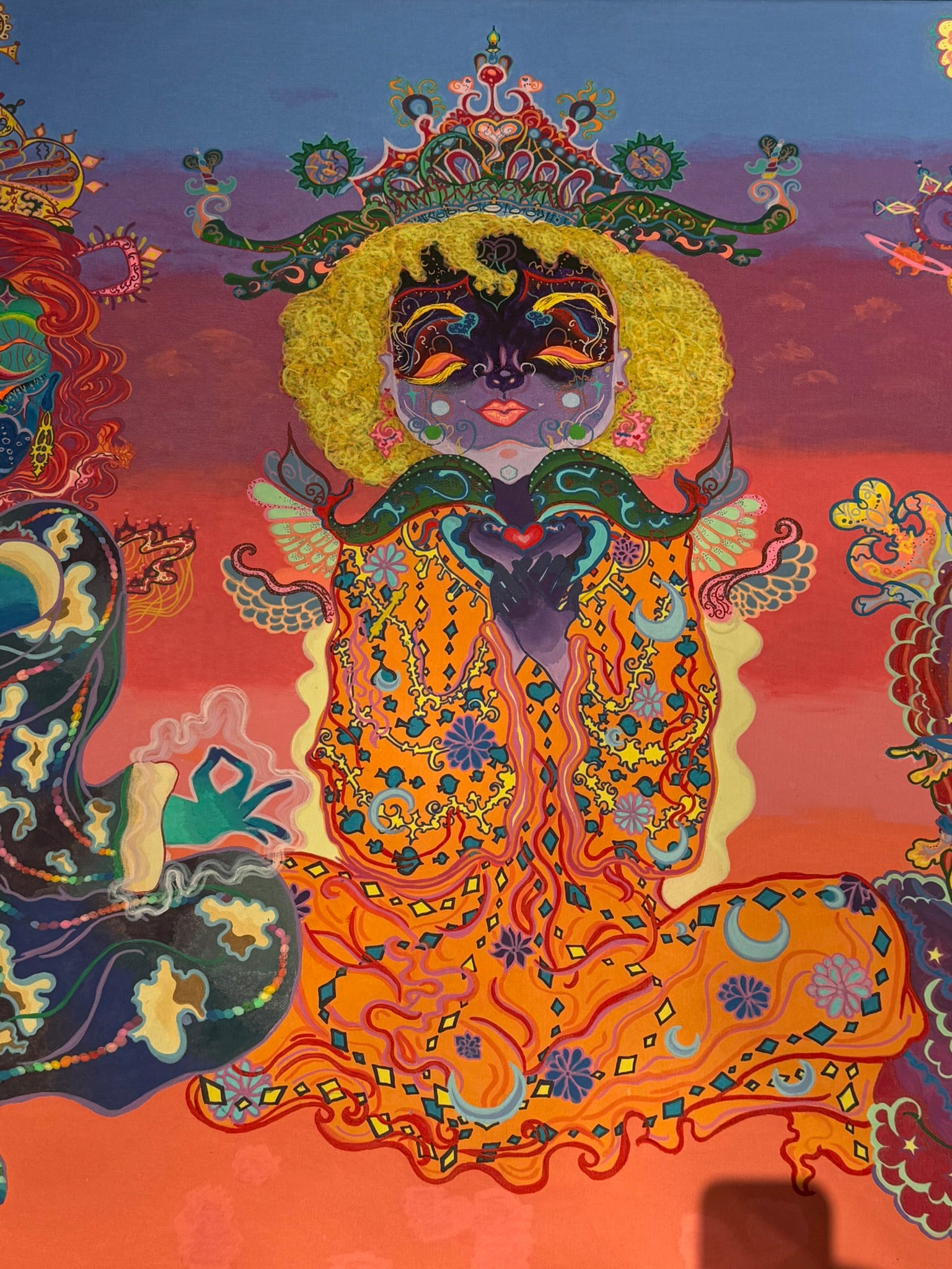 The Three Queens of Tara and Tiamat Original Painting, High Priestesses, Tara and Tiamat, sovereignty, divine feminine, cosmic consciousness, healing energy, meditation, ultra glee, empowerment, sacred heart, emotional nurturing, divine will, cosmic Christ, colors of unity, collective healing, regal queens, timelessness, energy flow, mystical realms, spiritual awakening, fantastical art, surreal paintings, whimsical artwork, colorful surrealism, detailed fantasy art, vibrant surreal art, highly detailed pai
