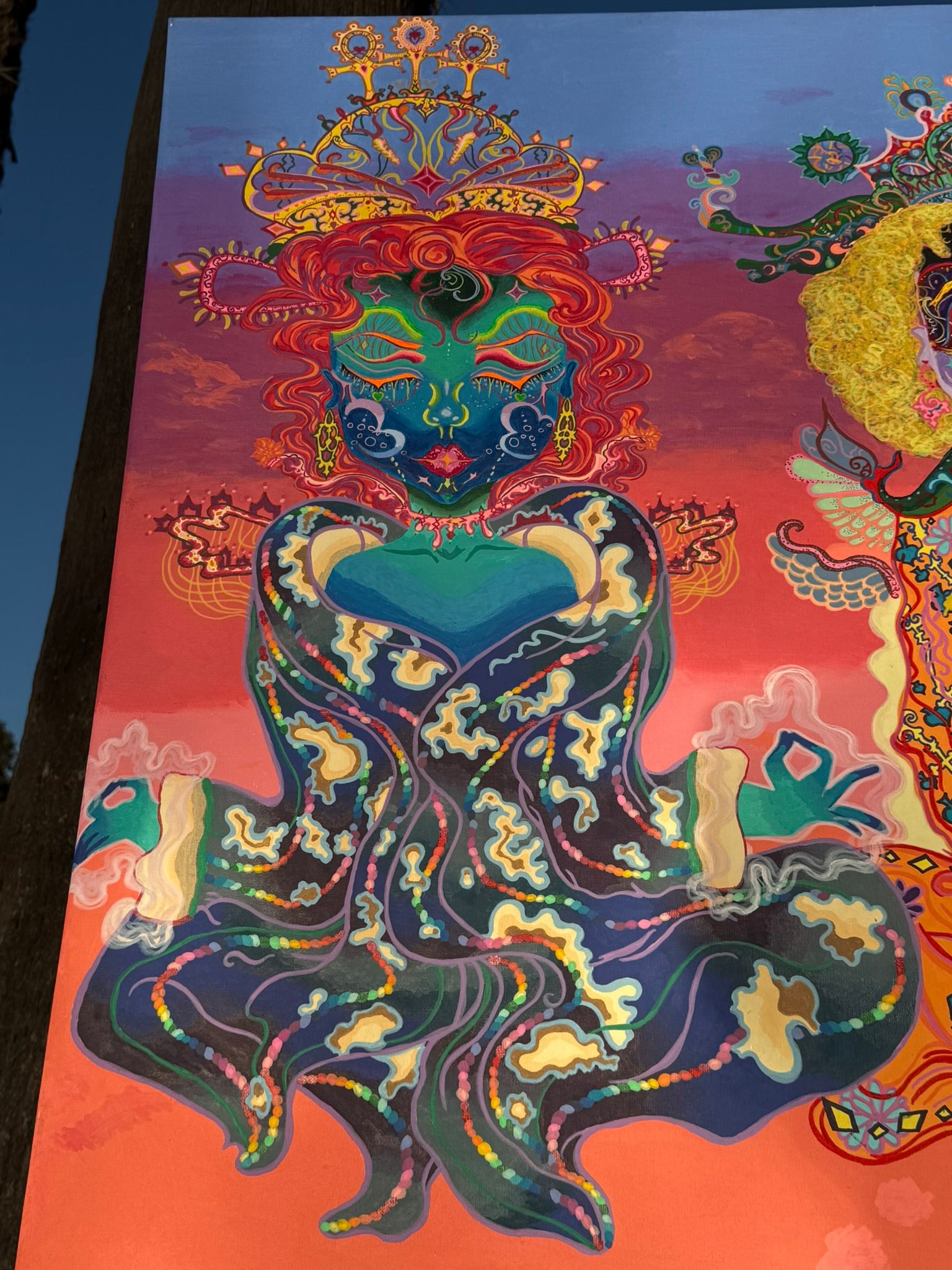 The Three Queens of Tara and Tiamat Original Painting, High Priestesses, Tara and Tiamat, sovereignty, divine feminine, cosmic consciousness, healing energy, meditation, ultra glee, empowerment, sacred heart, emotional nurturing, divine will, cosmic Christ, colors of unity, collective healing, regal queens, timelessness, energy flow, mystical realms, spiritual awakening, fantastical art, surreal paintings, whimsical artwork, colorful surrealism, detailed fantasy art, vibrant surreal art, highly detailed pai