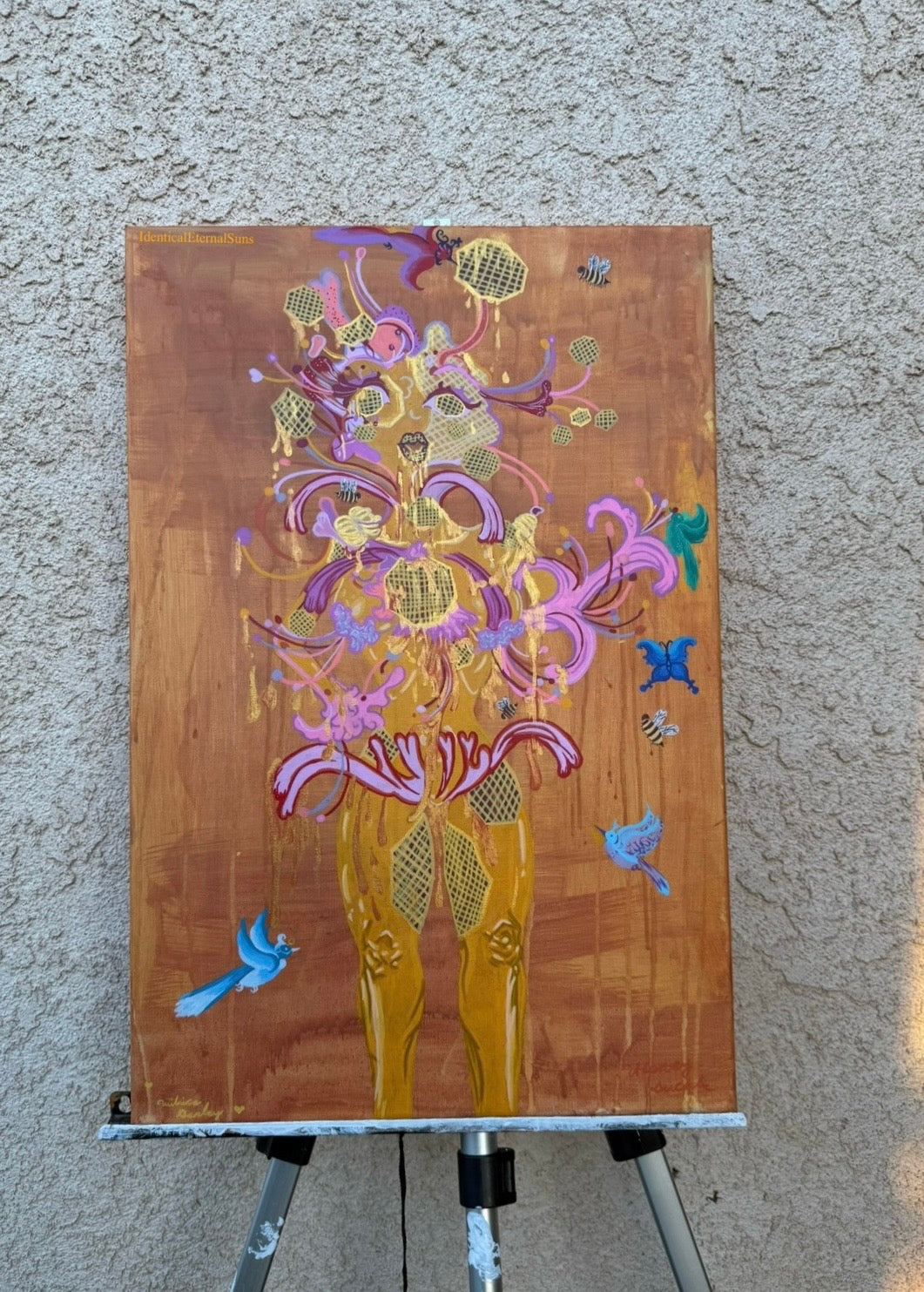Abundantka Honeysuckle: the honeycomb femme Original Painting, flowerpower, sacred feminine, bee priestess, milk and honey, creator, heaven on earth, surrealism, Abundantka Honeysuckle honeycomb femme, painting, golden hour, golden, honey, nectar, radiance, brilliance, abundance, beauty, sweetness, fantastical art, surreal paintings, whimsical artwork, colorful surrealism, detailed fantasy art, vibrant surreal art, highly detailed paintings, maximalist art, colorful fine art, imaginative painting, dreamlike