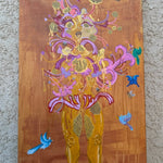 Abundantka Honeysuckle: the honeycomb femme Original Painting, flowerpower, sacred feminine, bee priestess, milk and honey, creator, heaven on earth, surrealism, Abundantka Honeysuckle honeycomb femme, painting, golden hour, golden, honey, nectar, radiance, brilliance, abundance, beauty, sweetness, fantastical art, surreal paintings, whimsical artwork, colorful surrealism, detailed fantasy art, vibrant surreal art, highly detailed paintings, maximalist art, colorful fine art, imaginative painting, dreamlike