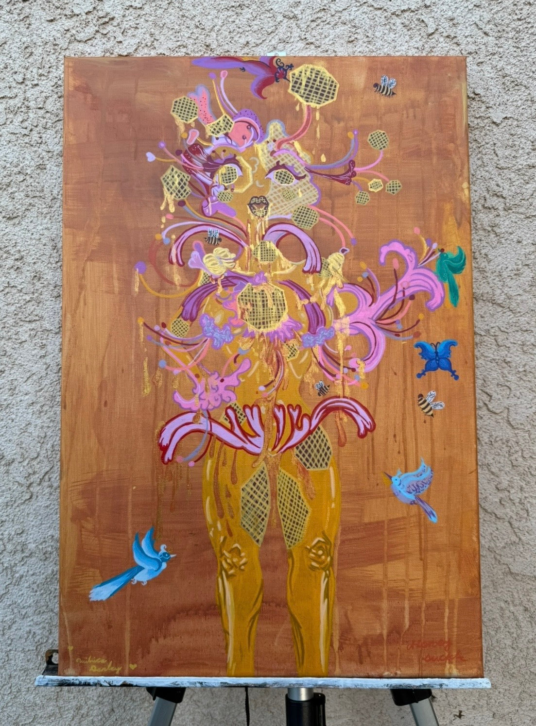 Abundantka Honeysuckle: the honeycomb femme Original Painting, flowerpower, sacred feminine, bee priestess, milk and honey, creator, heaven on earth, surrealism, Abundantka Honeysuckle honeycomb femme, painting, golden hour, golden, honey, nectar, radiance, brilliance, abundance, beauty, sweetness, fantastical art, surreal paintings, whimsical artwork, colorful surrealism, detailed fantasy art, vibrant surreal art, highly detailed paintings, maximalist art, colorful fine art, imaginative painting, dreamlike