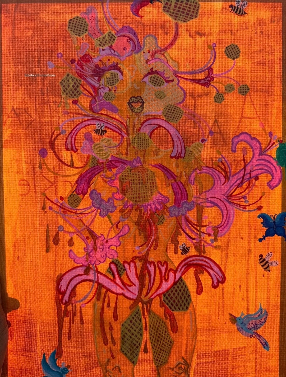 Abundantka Honeysuckle: the honeycomb femme Original Painting, flowerpower, sacred feminine, bee priestess, milk and honey, creator, heaven on earth, surrealism, Abundantka Honeysuckle honeycomb femme, painting, golden hour, golden, honey, nectar, radiance, brilliance, abundance, beauty, sweetness, fantastical art, surreal paintings, whimsical artwork, colorful surrealism, detailed fantasy art, vibrant surreal art, highly detailed paintings, maximalist art, colorful fine art, imaginative painting, dreamlike