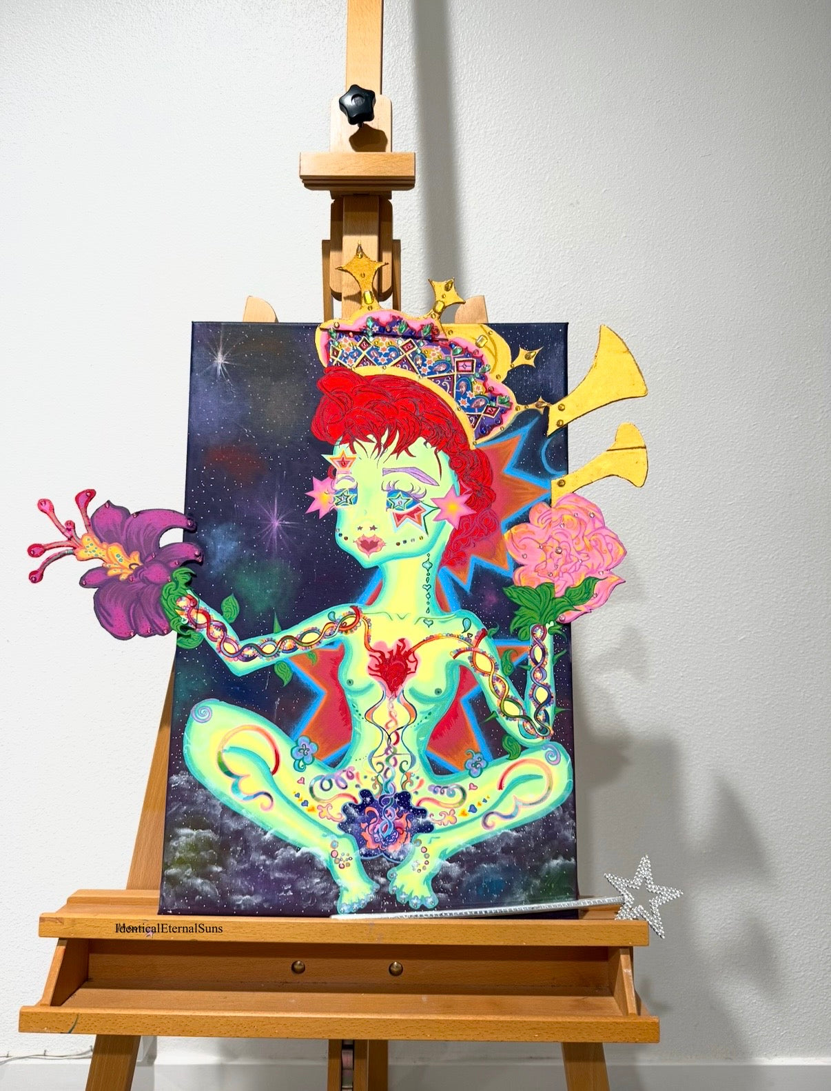 The girl with the stars in her eyes Original painting Embellished, Stellar heavens, Divine Feminine, Earth Angel, Quantum leaping, Angel, Angelic body, Crown, Heart alignment, Celestial Body, Purity, Sainthood, Starry night, Starborn, Ancient gatekeeper, Blossoming, Awakening, Lightbody, fantastical art, surreal paintings, whimsical artwork, colorful surrealism, detailed fantasy art, vibrant surreal art, highly detailed paintings, maximalist art, colorful fine art, imaginative paintings, dreamlike art