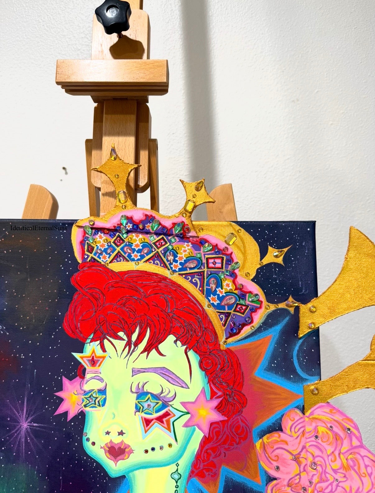 The girl with the stars in her eyes Original painting Embellished, Stellar heavens, Divine Feminine, Earth Angel, Quantum leaping, Angel, Angelic body, Crown, Heart alignment, Celestial Body, Purity, Sainthood, Starry night, Starborn, Ancient gatekeeper, Blossoming, Awakening, Lightbody, fantastical art, surreal paintings, whimsical artwork, colorful surrealism, detailed fantasy art, vibrant surreal art, highly detailed paintings, maximalist art, colorful fine art, imaginative paintings, dreamlike art