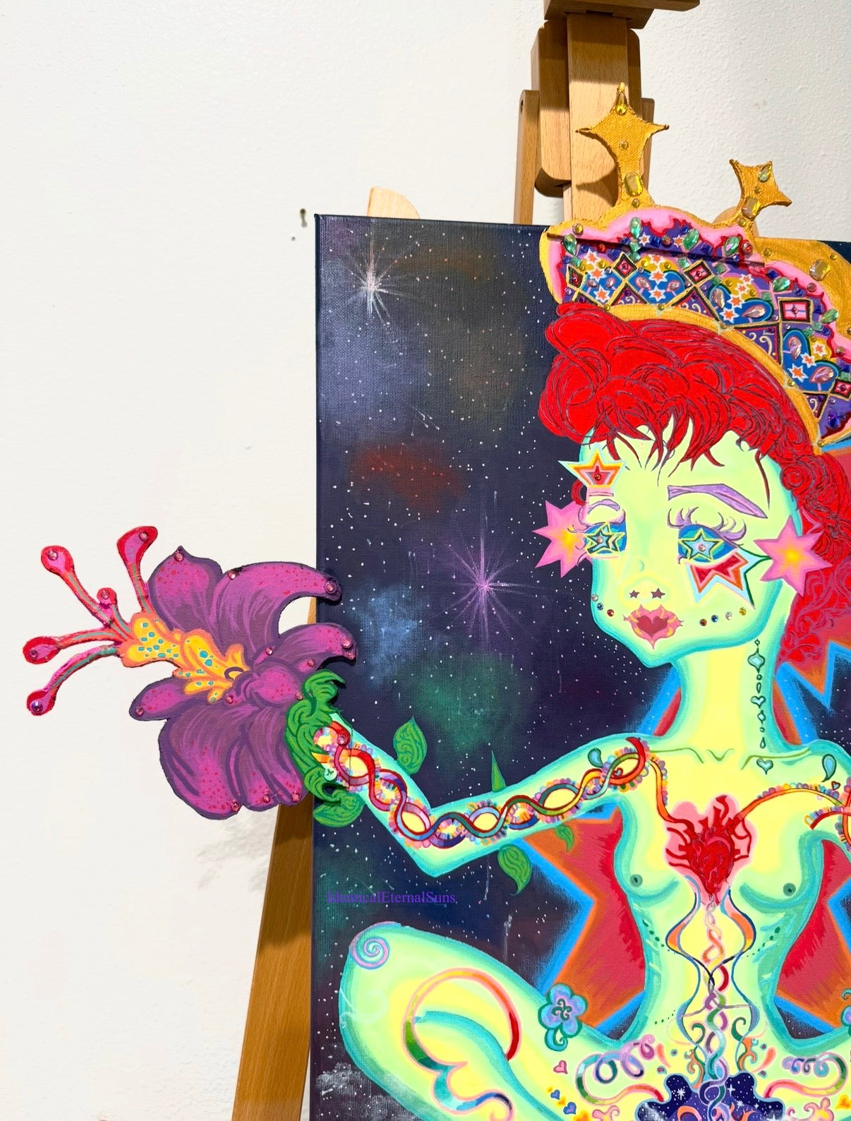 The girl with the stars in her eyes Original painting Embellished, Stellar heavens, Divine Feminine, Earth Angel, Quantum leaping, Angel, Angelic body, Crown, Heart alignment, Celestial Body, Purity, Sainthood, Starry night, Starborn, Ancient gatekeeper, Blossoming, Awakening, Lightbody, fantastical art, surreal paintings, whimsical artwork, colorful surrealism, detailed fantasy art, vibrant surreal art, highly detailed paintings, maximalist art, colorful fine art, imaginative paintings, dreamlike art