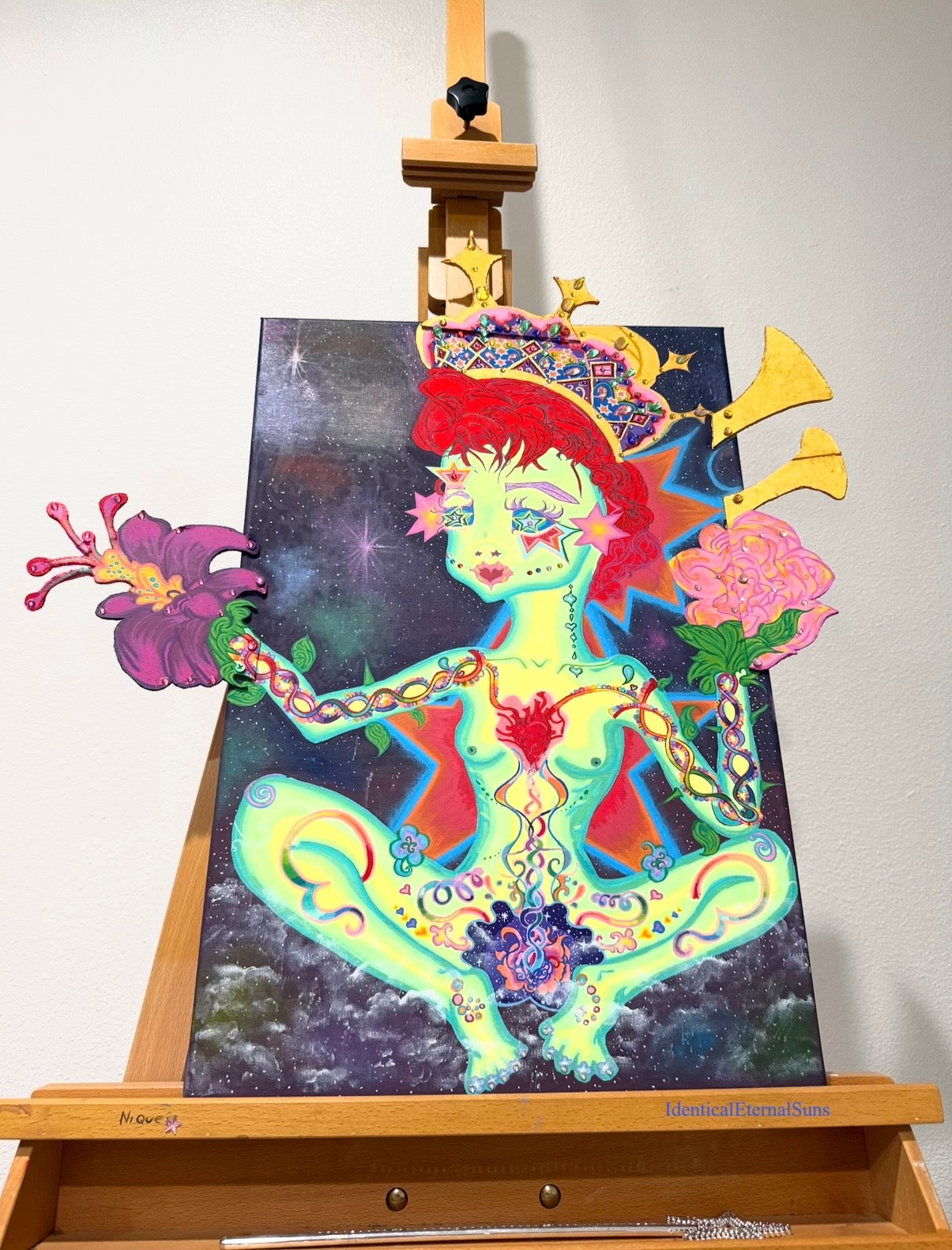 The girl with the stars in her eyes Original painting Embellished, Stellar heavens, Divine Feminine, Earth Angel, Quantum leaping, Angel, Angelic body, Crown, Heart alignment, Celestial Body, Purity, Sainthood, Starry night, Starborn, Ancient gatekeeper, Blossoming, Awakening, Lightbody, fantastical art, surreal paintings, whimsical artwork, colorful surrealism, detailed fantasy art, vibrant surreal art, highly detailed paintings, maximalist art, colorful fine art, imaginative paintings, dreamlike art