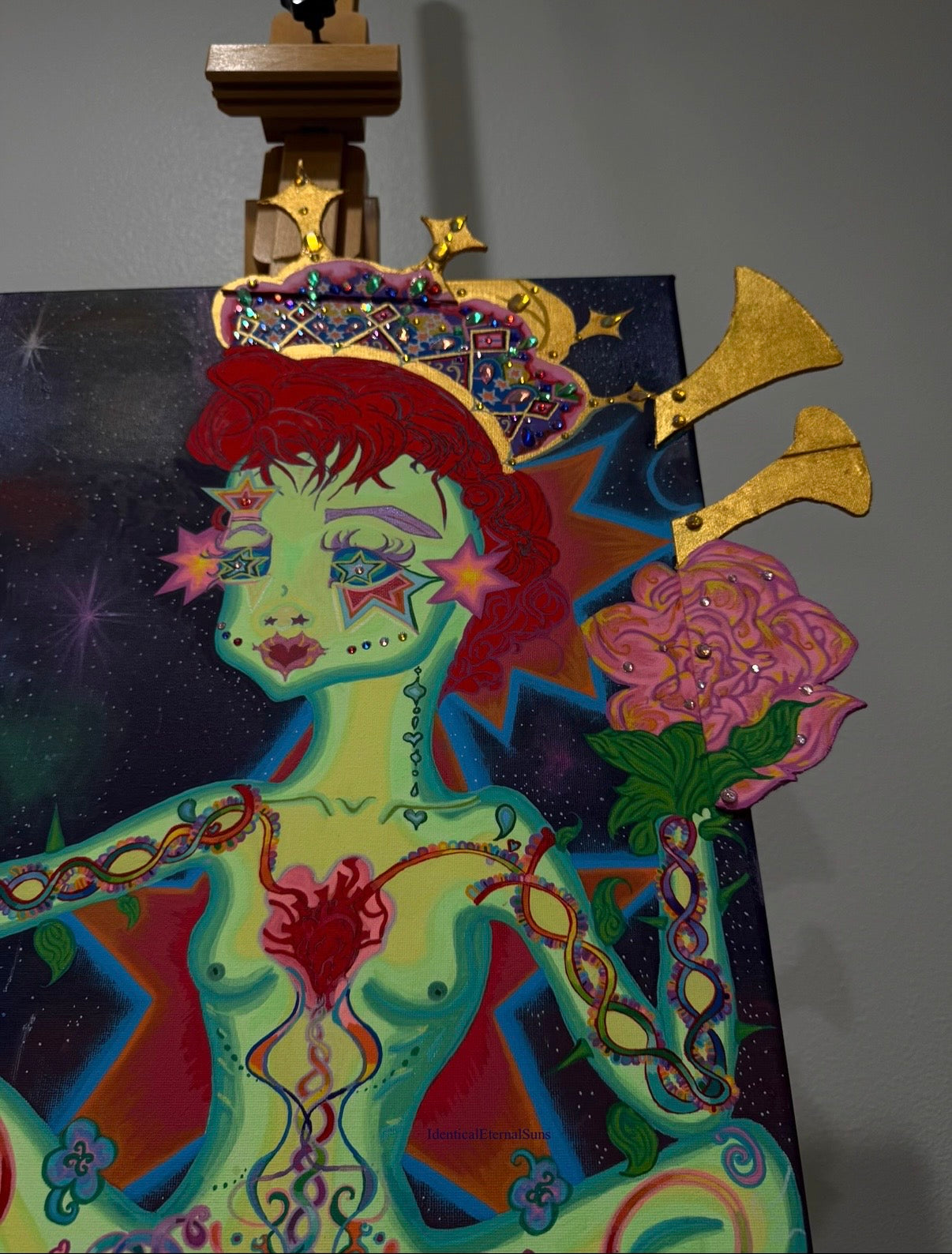 The girl with the stars in her eyes Original painting Embellished, Stellar heavens, Divine Feminine, Earth Angel, Quantum leaping, Angel, Angelic body, Crown, Heart alignment, Celestial Body, Purity, Sainthood, Starry night, Starborn, Ancient gatekeeper, Blossoming, Awakening, Lightbody, fantastical art, surreal paintings, whimsical artwork, colorful surrealism, detailed fantasy art, vibrant surreal art, highly detailed paintings, maximalist art, colorful fine art, imaginative paintings, dreamlike art