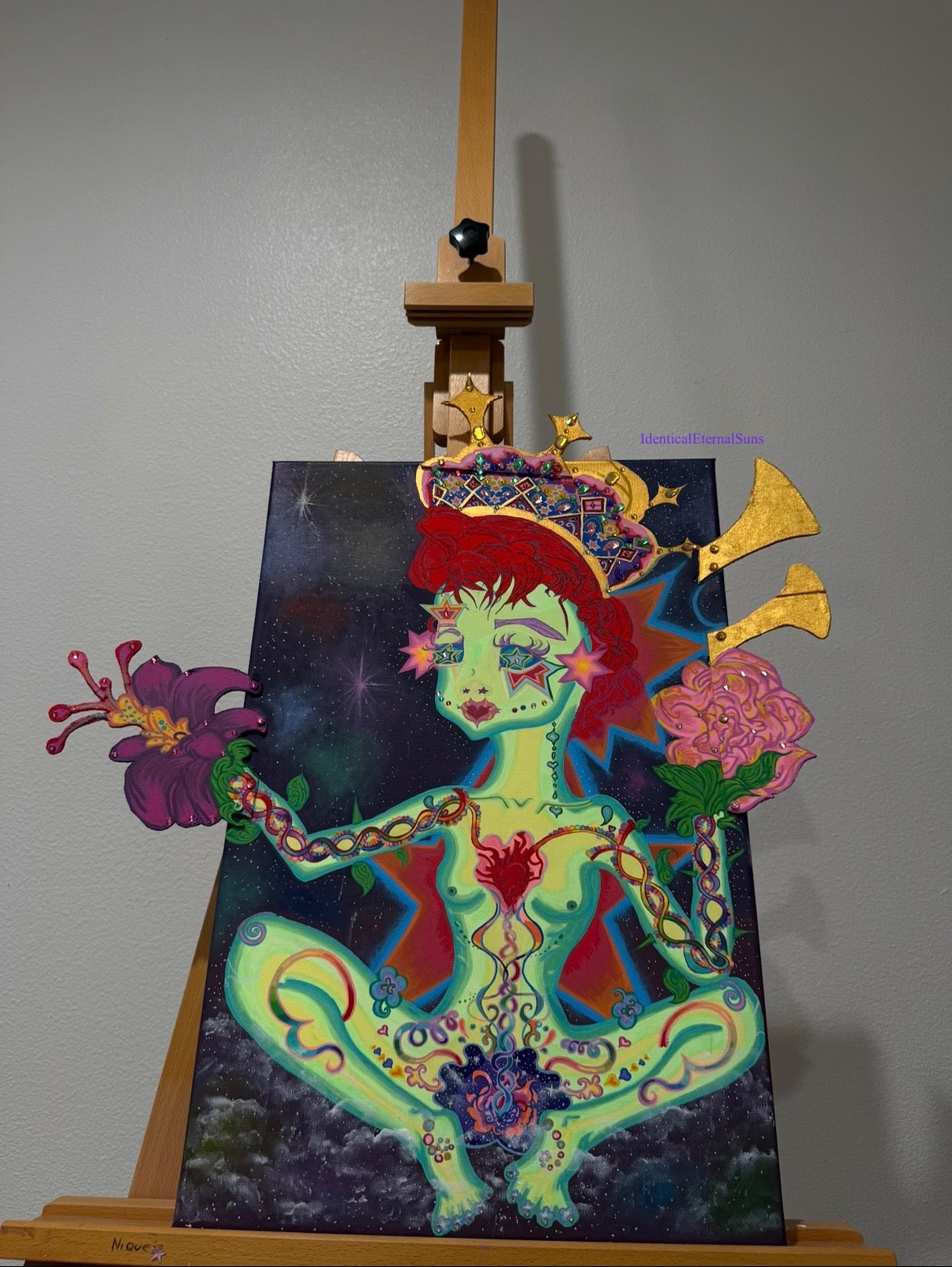 The girl with the stars in her eyes Original painting Embellished, Stellar heavens, Divine Feminine, Earth Angel, Quantum leaping, Angel, Angelic body, Crown, Heart alignment, Celestial Body, Purity, Sainthood, Starry night, Starborn, Ancient gatekeeper, Blossoming, Awakening, Lightbody, fantastical art, surreal paintings, whimsical artwork, colorful surrealism, detailed fantasy art, vibrant surreal art, highly detailed paintings, maximalist art, colorful fine art, imaginative paintings, dreamlike art