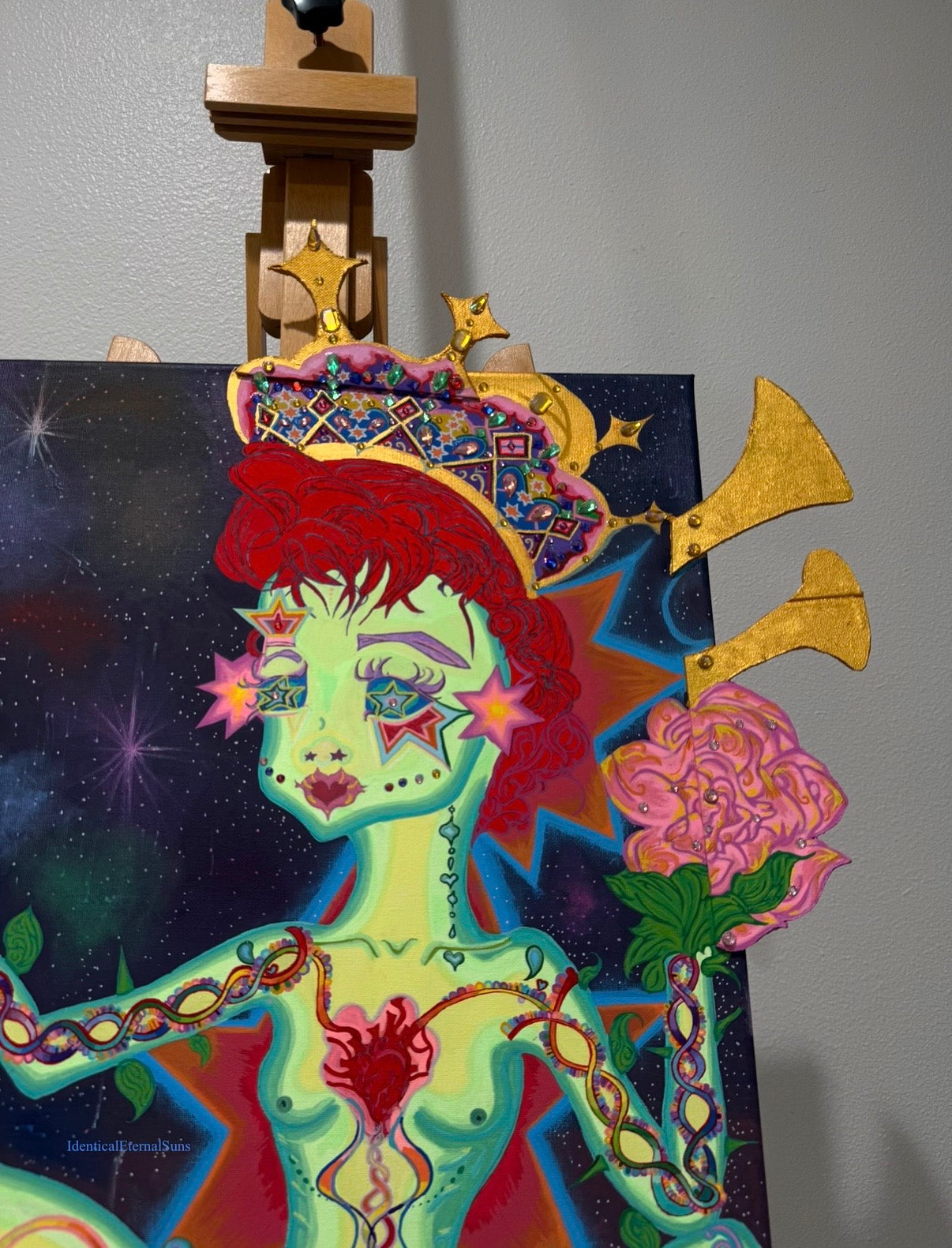 The girl with the stars in her eyes Original painting Embellished, Stellar heavens, Divine Feminine, Earth Angel, Quantum leaping, Angel, Angelic body, Crown, Heart alignment, Celestial Body, Purity, Sainthood, Starry night, Starborn, Ancient gatekeeper, Blossoming, Awakening, Lightbody, fantastical art, surreal paintings, whimsical artwork, colorful surrealism, detailed fantasy art, vibrant surreal art, highly detailed paintings, maximalist art, colorful fine art, imaginative paintings, dreamlike art