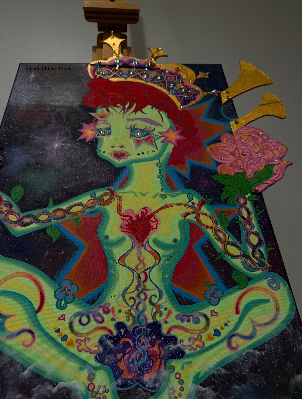 The girl with the stars in her eyes Original painting Embellished, Stellar heavens, Divine Feminine, Earth Angel, Quantum leaping, Angel, Angelic body, Crown, Heart alignment, Celestial Body, Purity, Sainthood, Starry night, Starborn, Ancient gatekeeper, Blossoming, Awakening, Lightbody, fantastical art, surreal paintings, whimsical artwork, colorful surrealism, detailed fantasy art, vibrant surreal art, highly detailed paintings, maximalist art, colorful fine art, imaginative paintings, dreamlike art