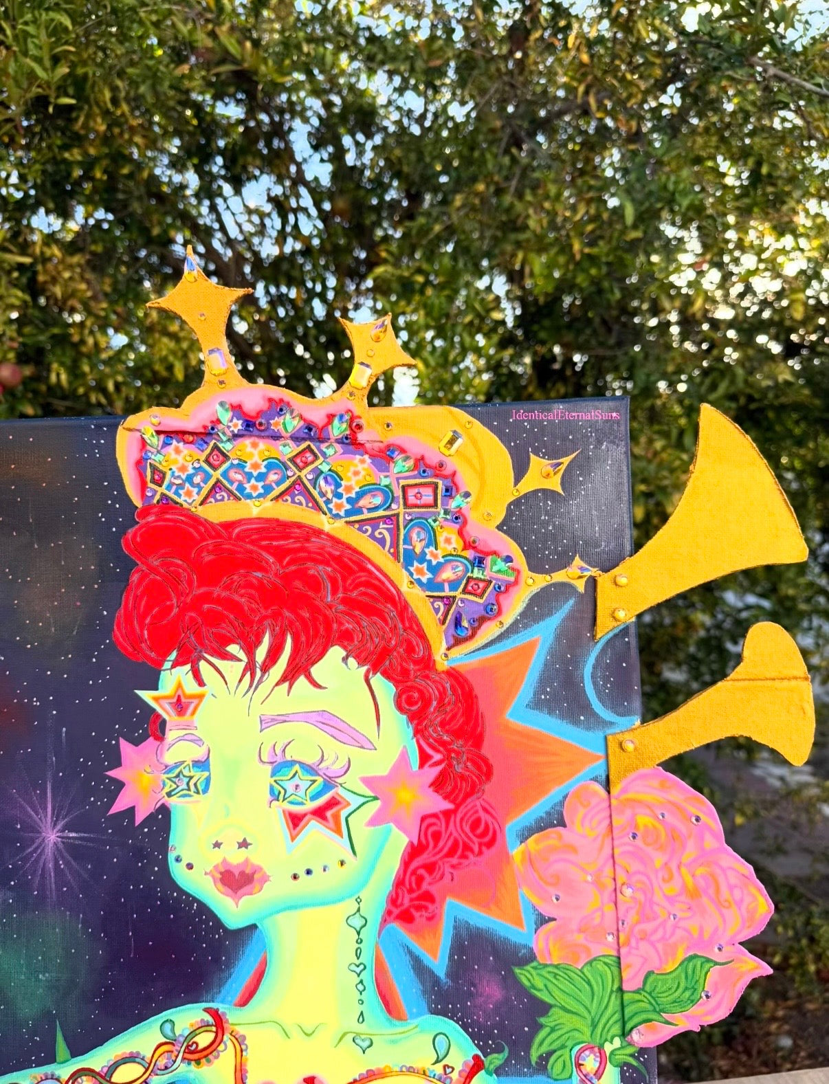 The girl with the stars in her eyes Original painting Embellished, Stellar heavens, Divine Feminine, Earth Angel, Quantum leaping, Angel, Angelic body, Crown, Heart alignment, Celestial Body, Purity, Sainthood, Starry night, Starborn, Ancient gatekeeper, Blossoming, Awakening, Lightbody, fantastical art, surreal paintings, whimsical artwork, colorful surrealism, detailed fantasy art, vibrant surreal art, highly detailed paintings, maximalist art, colorful fine art, imaginative paintings, dreamlike art