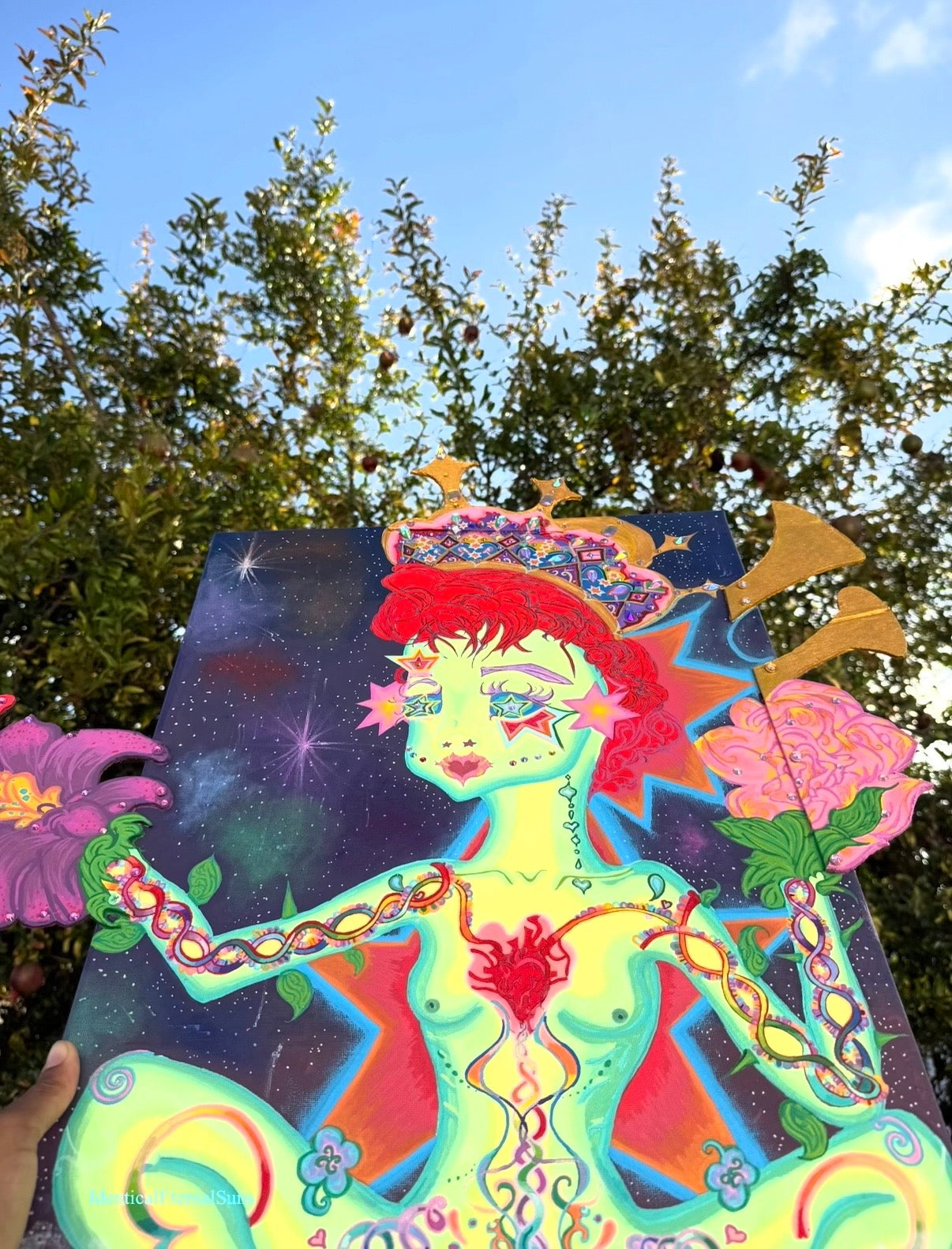 The girl with the stars in her eyes Original painting Embellished, Stellar heavens, Divine Feminine, Earth Angel, Quantum leaping, Angel, Angelic body, Crown, Heart alignment, Celestial Body, Purity, Sainthood, Starry night, Starborn, Ancient gatekeeper, Blossoming, Awakening, Lightbody, fantastical art, surreal paintings, whimsical artwork, colorful surrealism, detailed fantasy art, vibrant surreal art, highly detailed paintings, maximalist art, colorful fine art, imaginative paintings, dreamlike art