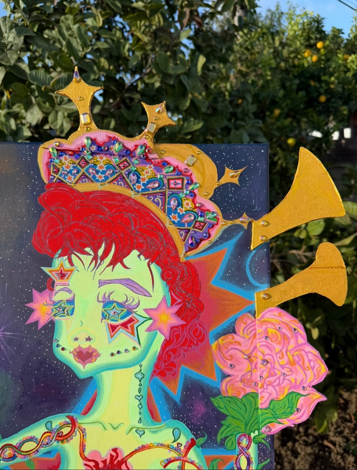 The girl with the stars in her eyes Original painting Embellished, Stellar heavens, Divine Feminine, Earth Angel, Quantum leaping, Angel, Angelic body, Crown, Heart alignment, Celestial Body, Purity, Sainthood, Starry night, Starborn, Ancient gatekeeper, Blossoming, Awakening, Lightbody, fantastical art, surreal paintings, whimsical artwork, colorful surrealism, detailed fantasy art, vibrant surreal art, highly detailed paintings, maximalist art, colorful fine art, imaginative paintings, dreamlike art