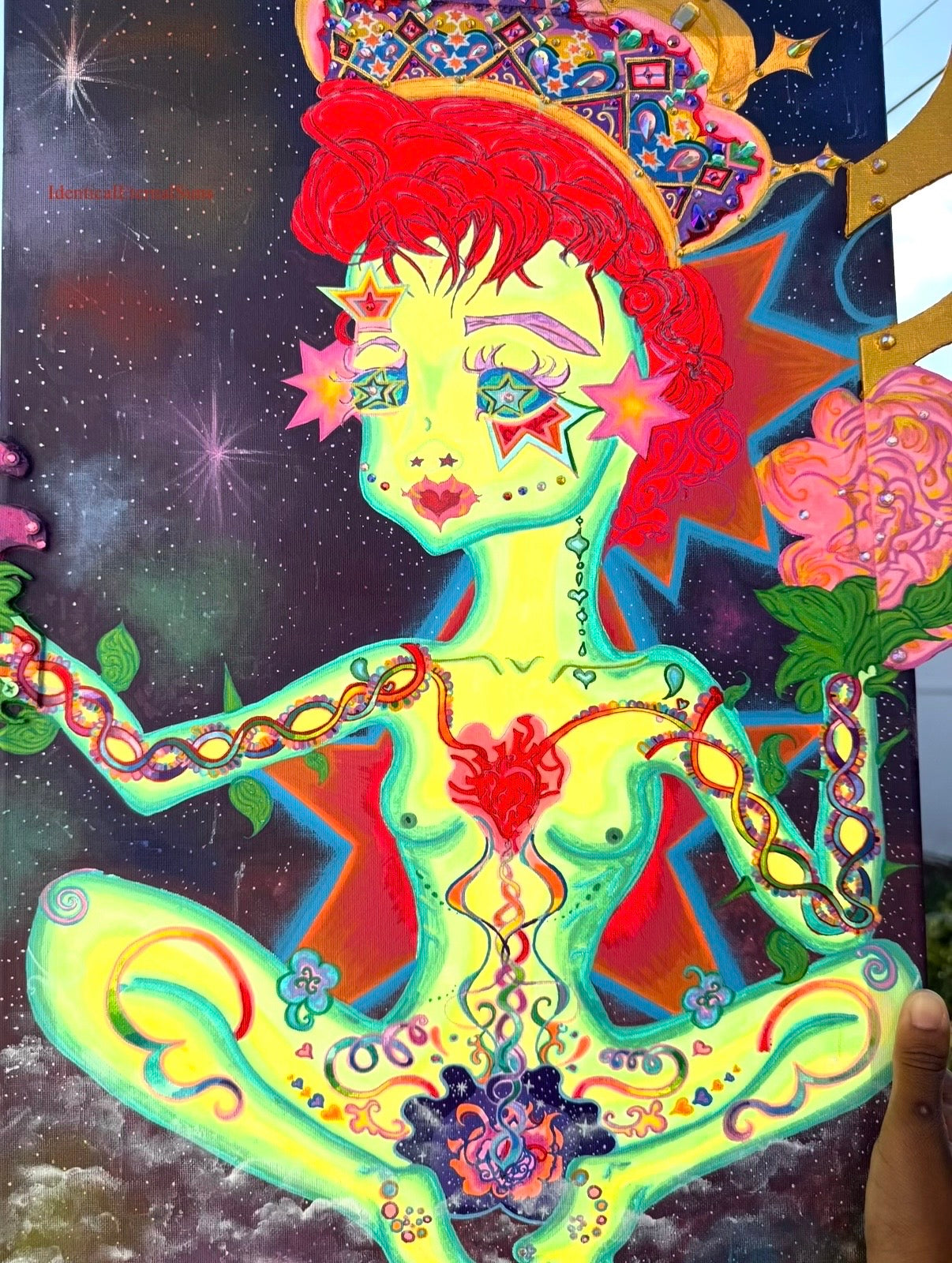 The girl with the stars in her eyes Original painting Embellished, Stellar heavens, Divine Feminine, Earth Angel, Quantum leaping, Angel, Angelic body, Crown, Heart alignment, Celestial Body, Purity, Sainthood, Starry night, Starborn, Ancient gatekeeper, Blossoming, Awakening, Lightbody, fantastical art, surreal paintings, whimsical artwork, colorful surrealism, detailed fantasy art, vibrant surreal art, highly detailed paintings, maximalist art, colorful fine art, imaginative paintings, dreamlike art