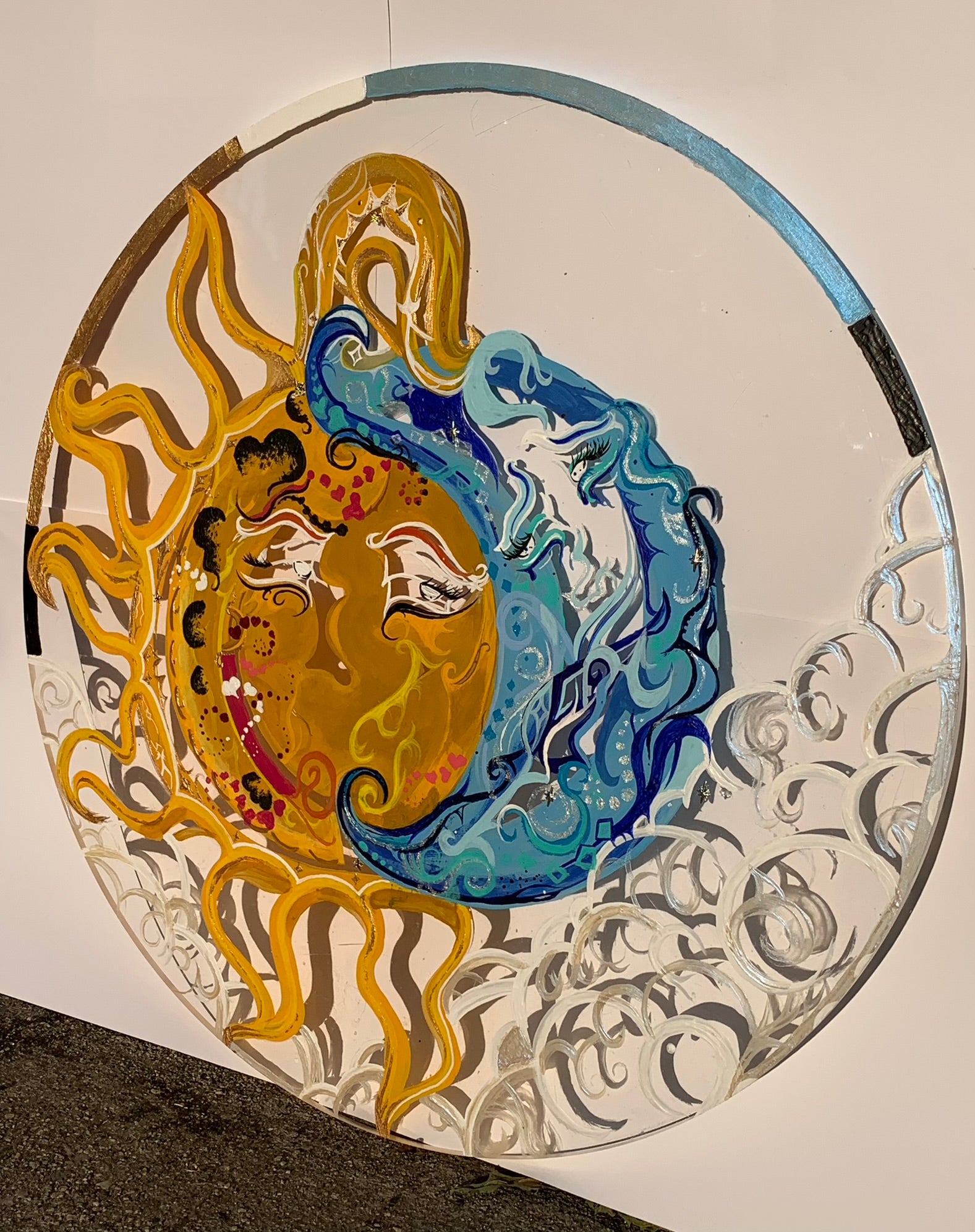 The Sun and Moon Night and Day painting,  mixed media painting sun and moon, eclectic nature room decor, avantgarde sun and moon art, night and day painting, clear playful sun and moon art, whimsical sun, sun radiance, sun and moon night and day mixed media, surrealism, ecstatic, Solar activity, Solar system planet art, sun and moon painting aesthetic, sun and moon room decor, witchy decor, unique nature decoration, Identicaleternalsuns