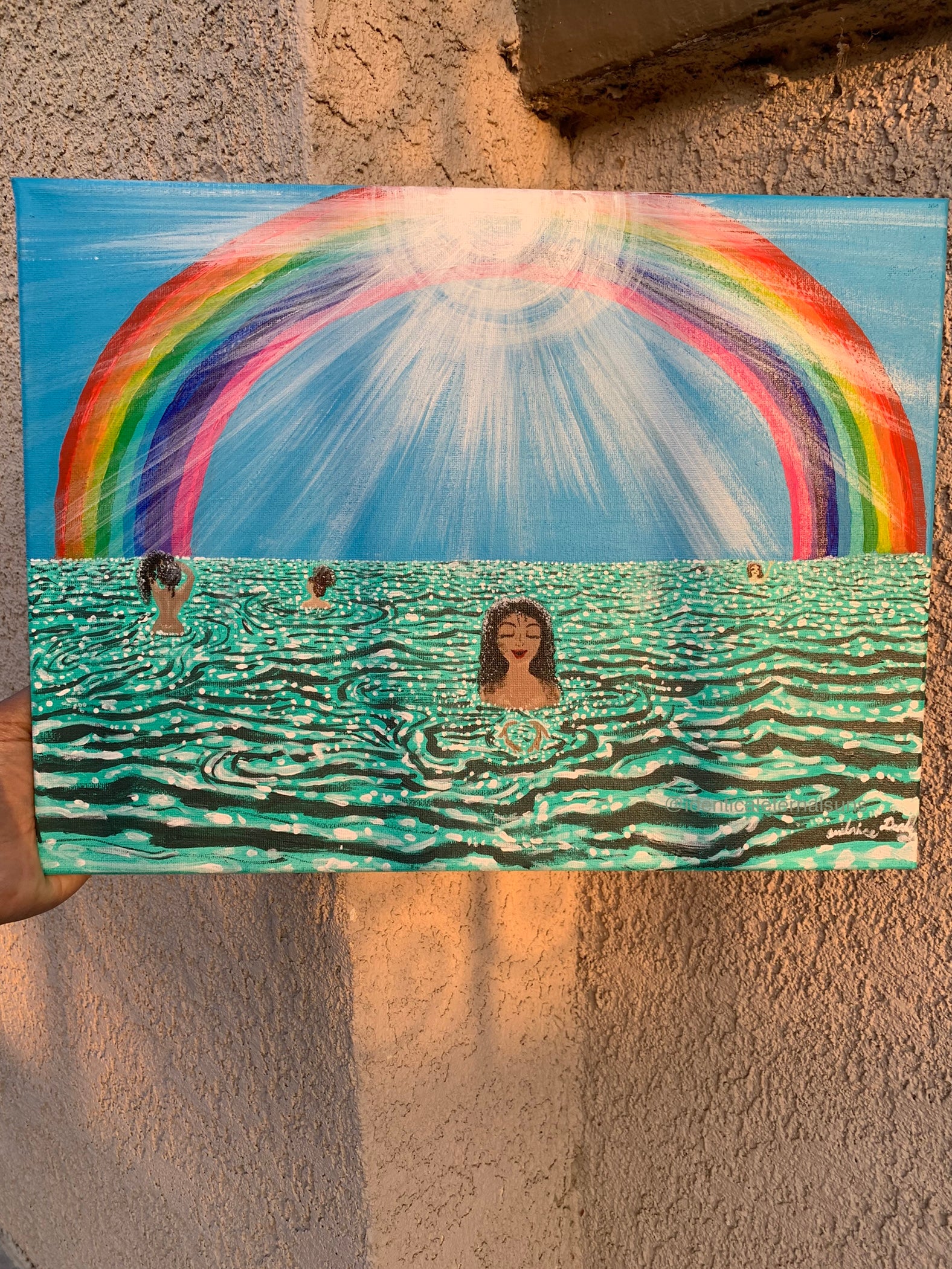 Paradise in the Sweet Life Original artwork, The divine feminine enjoy the sweet good life of being present in the moment. Rainbow beachy girl art, Girls at the Ocean art, Women by the Sea originals, Women of color by the sea, WOC artwork, Sisterhood Ocean Paradise original art painting, IdenticalEternalsuns, Paradise in the sweet life 