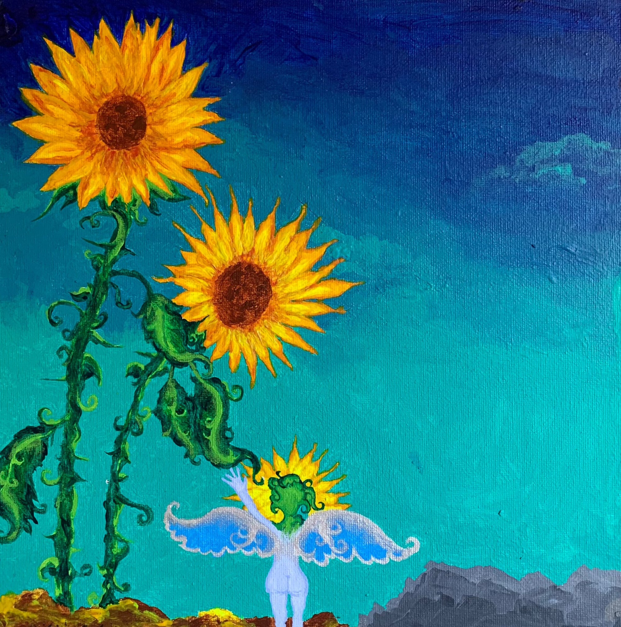 sunflower painting, sunflower parents, sunflower painting for sale, sunflower art, sunflower family, sunflower child, Sunflower family art, whimsical painting, sunflower surrealism painting, otherworldly art, heartfelt nature surrealism, plant lovers, plant family, sunflower family love original painting, mystical art, magical art, fantasy art, fairy art, faerie, ethereal art, enchanting, contemporary art, Identicaleternalsuns