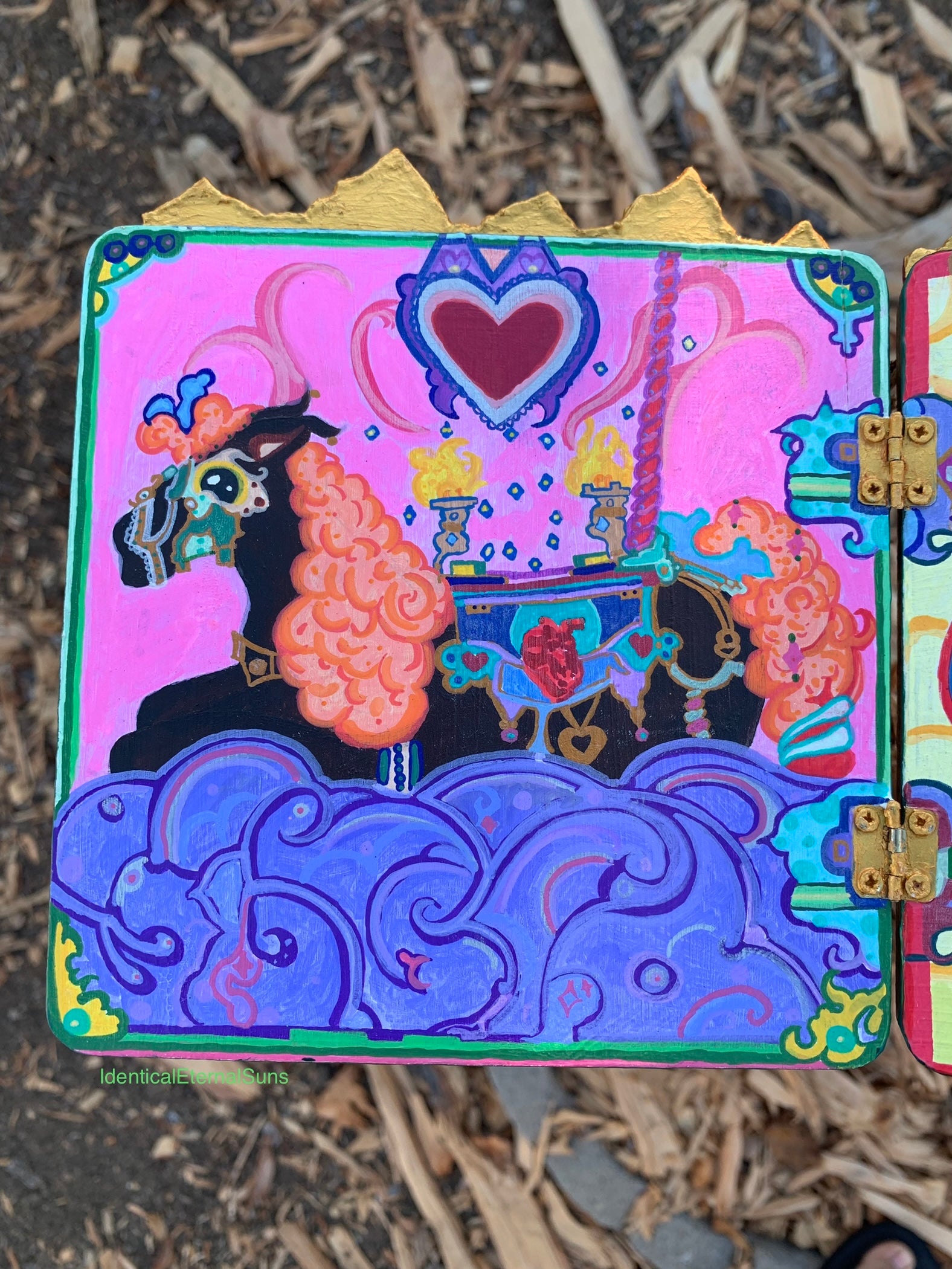 Colorful carousel-themed pony mini painting artwork. The Miraculous Carousel Girls wooden painting book, vibrantart, equineart, carouselride, merrygoroundmagic, immersiveart, nostalgickidcore, hopefulart, innocentjoy, nurserydecor, babygirlroom, childlikemagic, playfulimagination, joyfulplaytime, majesticlookbook, nurserybabyart, babygirldecor, cherishablekeepsakes, functionalsurrealism, surrealismsculpture