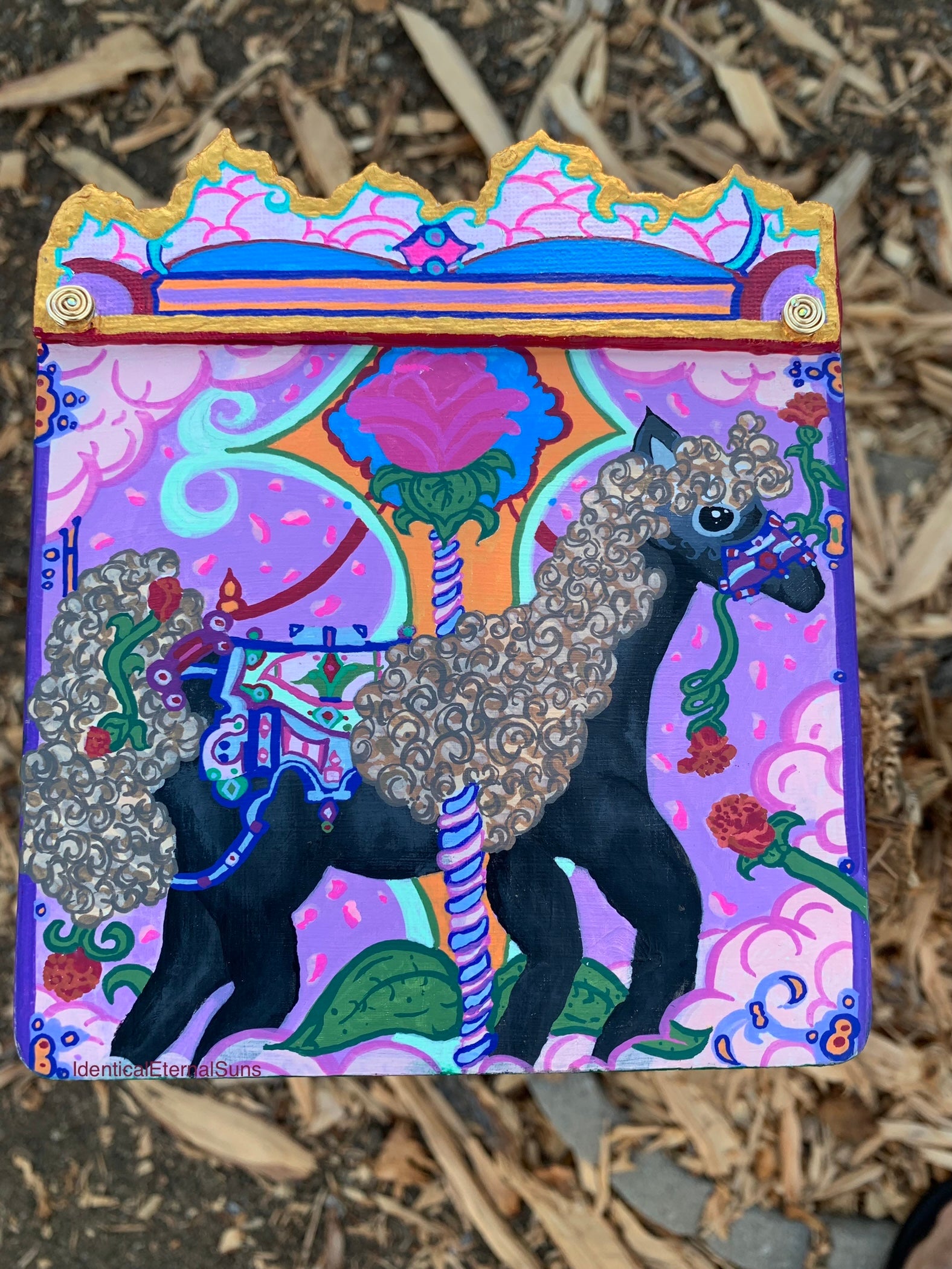 Colorful artwork of a black horse with decorative elements on a purple background. Colorful carousel-themed pony mini painting artwork. The Miraculous Carousel Girls wooden painting book, vibrantart, equineart, carouselride, merrygoroundmagic, immersiveart, nostalgickidcore, hopefulart, innocentjoy, nurserydecor, babygirlroom, childlikemagic, playfulimagination, joyfulplaytime, majesticlookbook, nurserybabyart, babygirldecor, cherishablekeepsakes, functionalsurrealism, surrealismsculpture