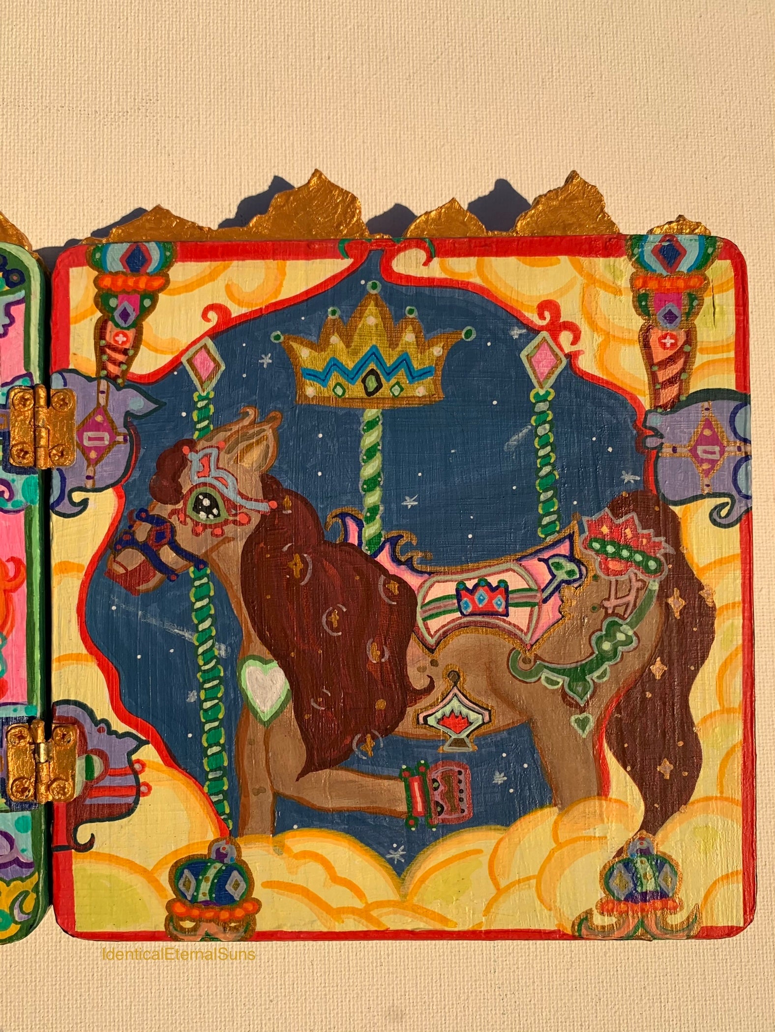 Colorful carousel-themed pony mini painting artwork. The Miraculous Carousel Girls wooden painting book, vibrantart, equineart, carouselride, merrygoroundmagic, immersiveart, nostalgickidcore, hopefulart, innocentjoy, nurserydecor, babygirlroom, childlikemagic, playfulimagination, joyfulplaytime, majesticlookbook, nurserybabyart, babygirldecor, cherishablekeepsakes, functionalsurrealism, surrealismsculpture