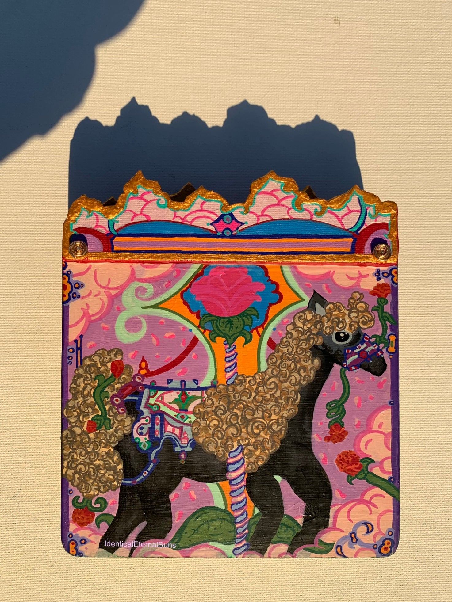 Colorful carousel-themed pony mini painting artwork. The Miraculous Carousel Girls wooden painting book, vibrantart, equineart, carouselride, merrygoroundmagic, immersiveart, nostalgickidcore, hopefulart, innocentjoy, nurserydecor, babygirlroom, childlikemagic, playfulimagination, joyfulplaytime, majesticlookbook, nurserybabyart, babygirldecor, cherishablekeepsakes, functionalsurrealism, surrealismsculpture