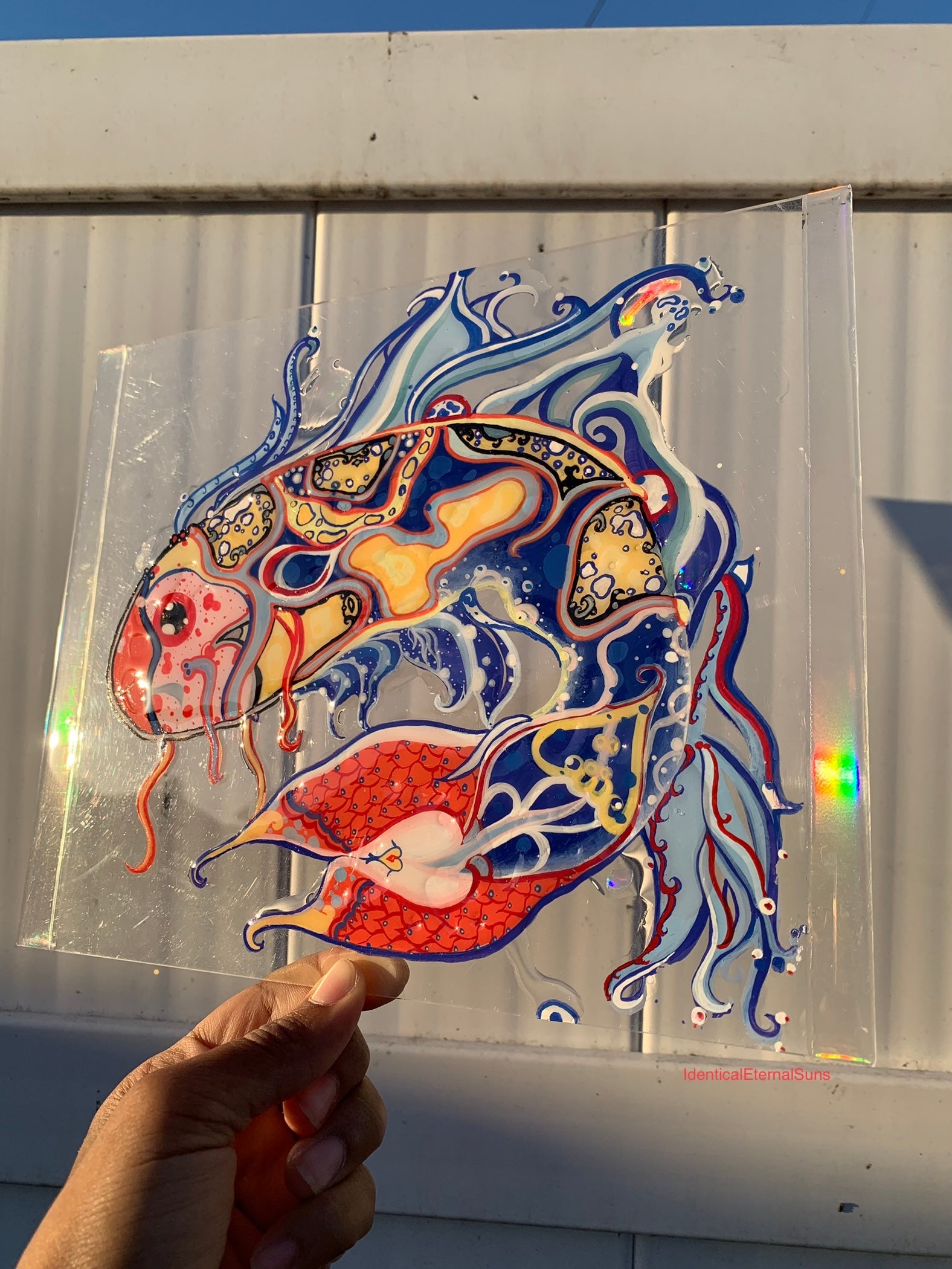 Identicaleternalsuns, art collection, art buyer, Identicaleternalsuns, DenleyTwins, Whimsical, radiant, otherworldly, glorious, fantastical, eternal, divine, Dreamy Fish, Aquarium wonderland, Frutiger Aero vibes, identicaleternalsuns, Ecstatic, frutiger aero art, fish painting on glass, koi, koifish art, mixed media , fishart, fish glass painting, iridescentart, underwaterart, traditional art, contemporary art, asian art, nature art, vibrant colors, handmade