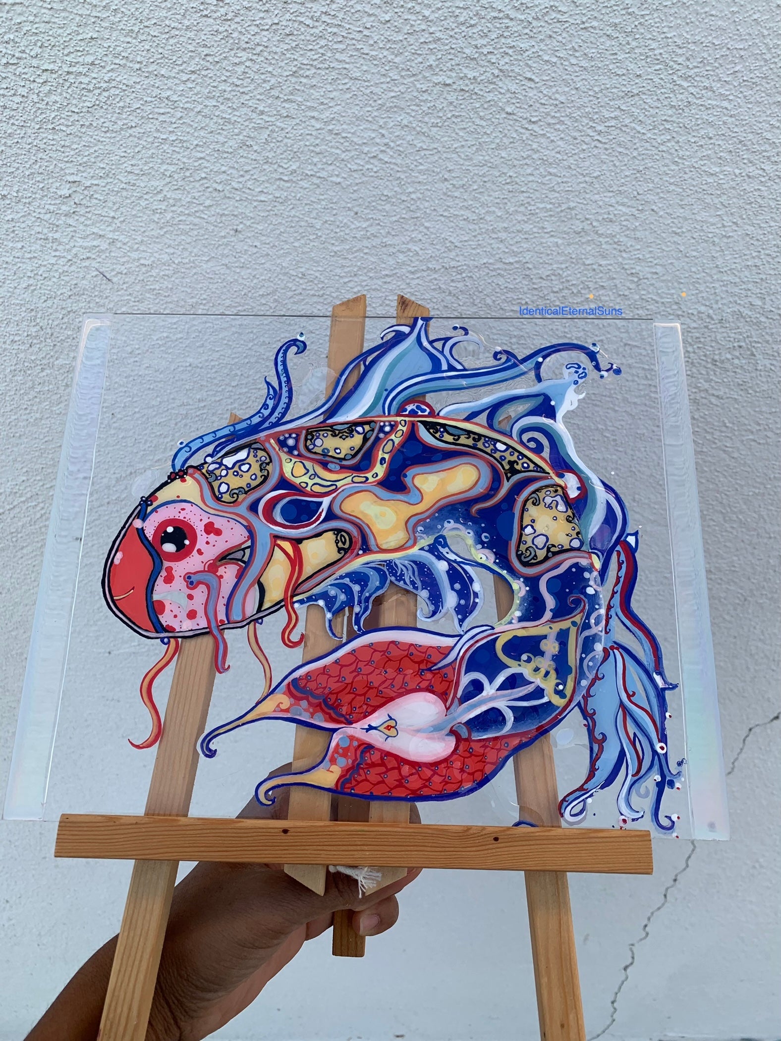 Identicaleternalsuns, art collection, art buyer, Identicaleternalsuns, DenleyTwins, Whimsical, radiant, otherworldly, glorious, fantastical, eternal, divine, Dreamy Fish, Aquarium wonderland, Frutiger Aero vibes, identicaleternalsuns, Ecstatic, frutiger aero art, fish painting on glass, koi, koifish art, mixed media , fishart, fish glass painting, iridescentart, underwaterart, traditional art, contemporary art, asian art, nature art, vibrant colors, handmade