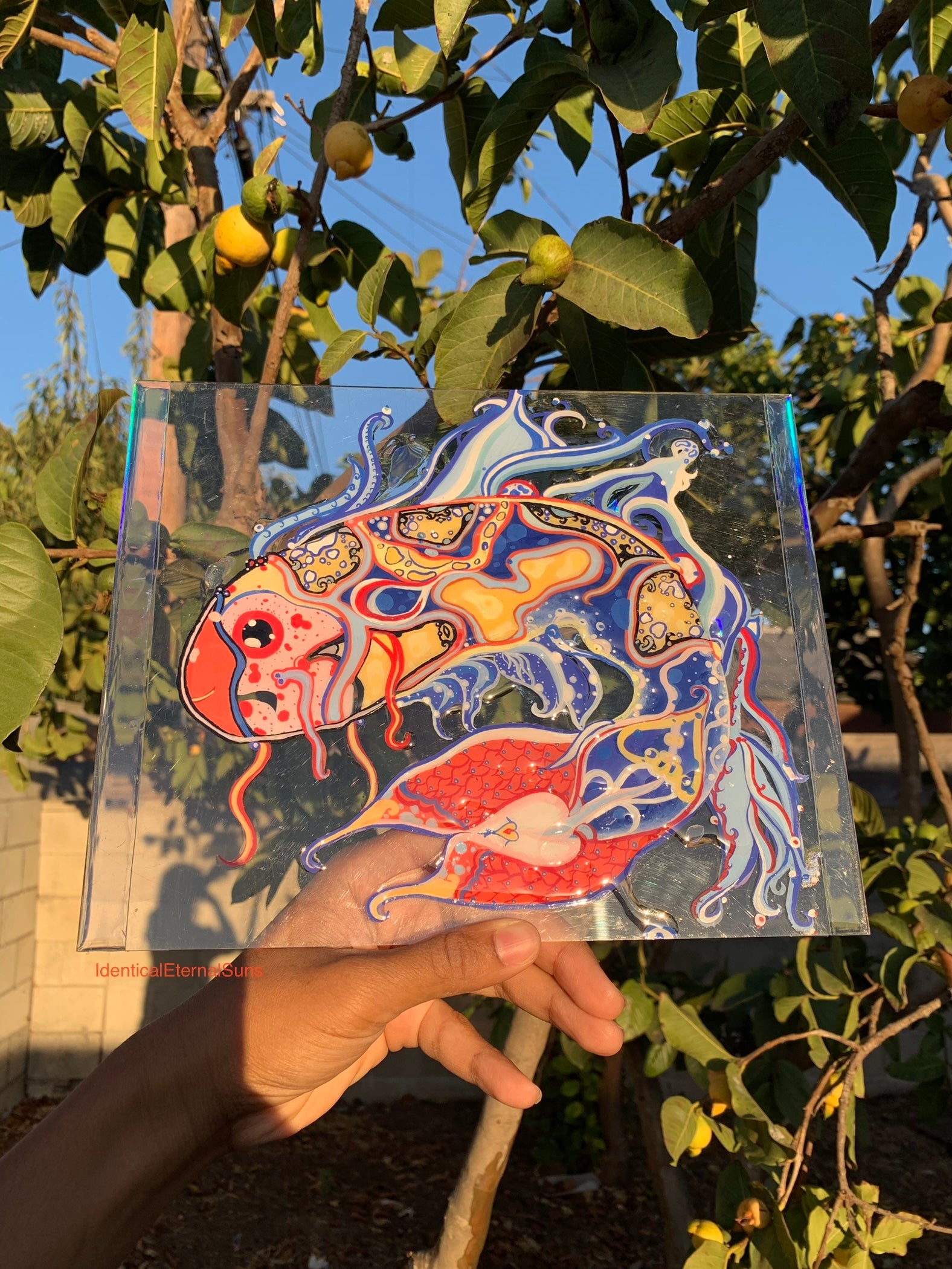 Identicaleternalsuns, art collection, art buyer, Identicaleternalsuns, DenleyTwins, Whimsical, radiant, otherworldly, glorious, fantastical, eternal, divine, Dreamy Fish, Aquarium wonderland, Frutiger Aero vibes, identicaleternalsuns, Ecstatic, frutiger aero art, fish painting on glass, koi, koifish art, mixed media , fishart, fish glass painting, iridescentart, underwaterart, traditional art, contemporary art, asian art, nature art, vibrant colors, handmade