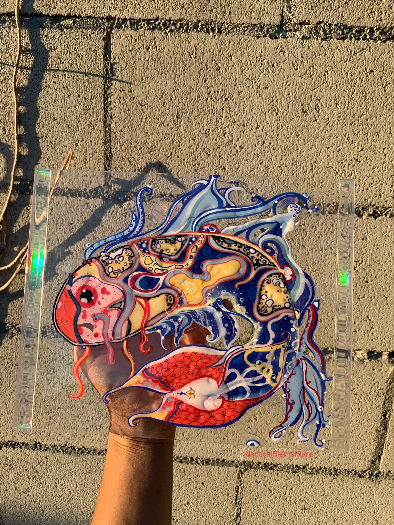 Identicaleternalsuns, art collection, art buyer, Identicaleternalsuns, DenleyTwins, Whimsical, radiant, otherworldly, glorious, fantastical, eternal, divine, Dreamy Fish, Aquarium wonderland, Frutiger Aero vibes, identicaleternalsuns, Ecstatic, frutiger aero art, fish painting on glass, koi, koifish art, mixed media , fishart, fish glass painting, iridescentart, underwaterart, traditional art, contemporary art, asian art, nature art, vibrant colors, handmade