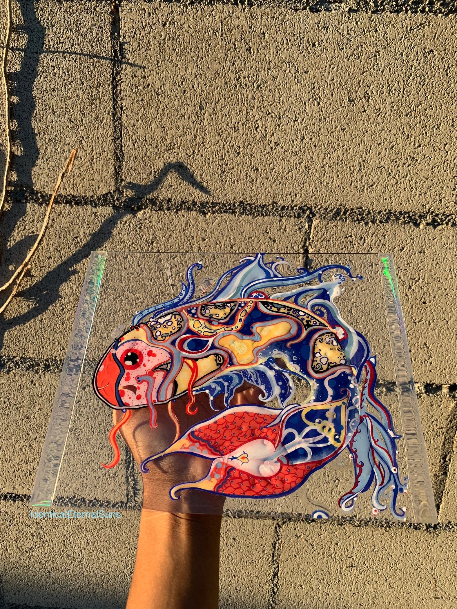 Identicaleternalsuns, art collection, art buyer, Identicaleternalsuns, DenleyTwins, Whimsical, radiant, otherworldly, glorious, fantastical, eternal, divine, Dreamy Fish, Aquarium wonderland, Frutiger Aero vibes, identicaleternalsuns, Ecstatic, frutiger aero art, fish painting on glass, koi, koifish art, mixed media , fishart, fish glass painting, iridescentart, underwaterart, traditional art, contemporary art, asian art, nature art, vibrant colors, handmade