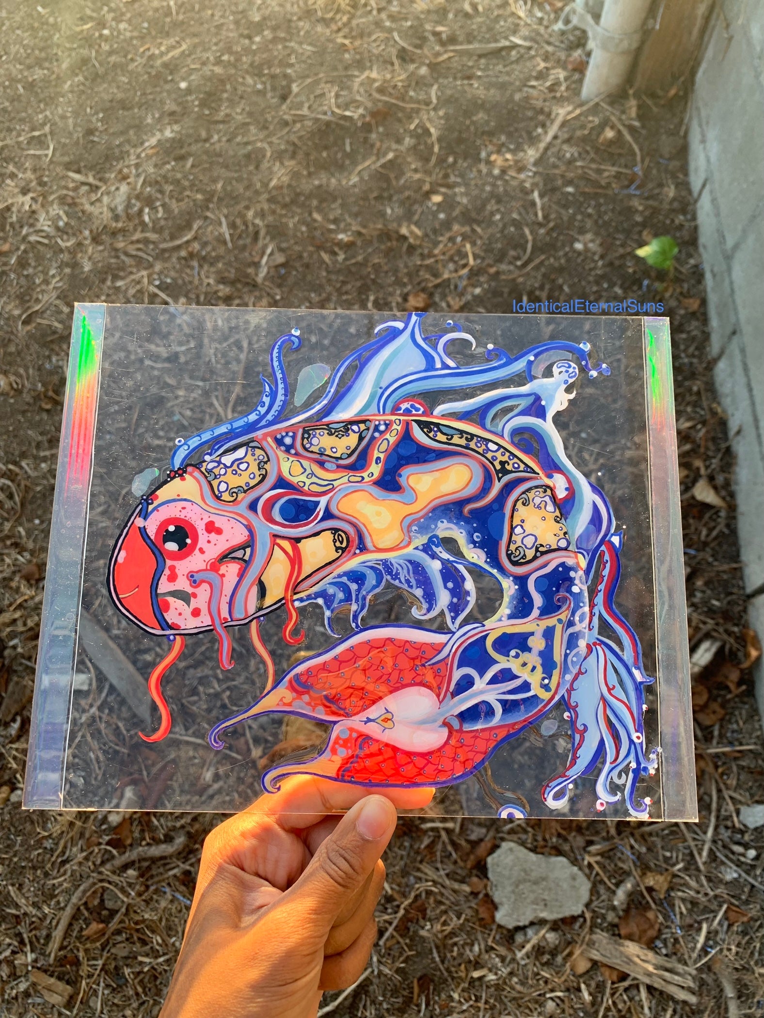 Identicaleternalsuns, art collection, art buyer, Identicaleternalsuns, DenleyTwins, Whimsical, radiant, otherworldly, glorious, fantastical, eternal, divine, Dreamy Fish, Aquarium wonderland, Frutiger Aero vibes, identicaleternalsuns, Ecstatic, frutiger aero art, fish painting on glass, koi, koifish art, mixed media , fishart, fish glass painting, iridescentart, underwaterart, traditional art, contemporary art, asian art, nature art, vibrant colors, handmade