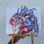 Identicaleternalsuns, art collection, art buyer, Identicaleternalsuns, DenleyTwins, Whimsical, radiant, otherworldly, glorious, fantastical, eternal, divine, Dreamy Fish, Aquarium wonderland, Frutiger Aero vibes, identicaleternalsuns, Ecstatic, frutiger aero art, fish painting on glass, koi, koifish art, mixed media , fishart, fish glass painting, iridescentart, underwater, traditional art Colorful abstract fish drawing on a clear sheet held by a person with a wooden easel against a light gray background.