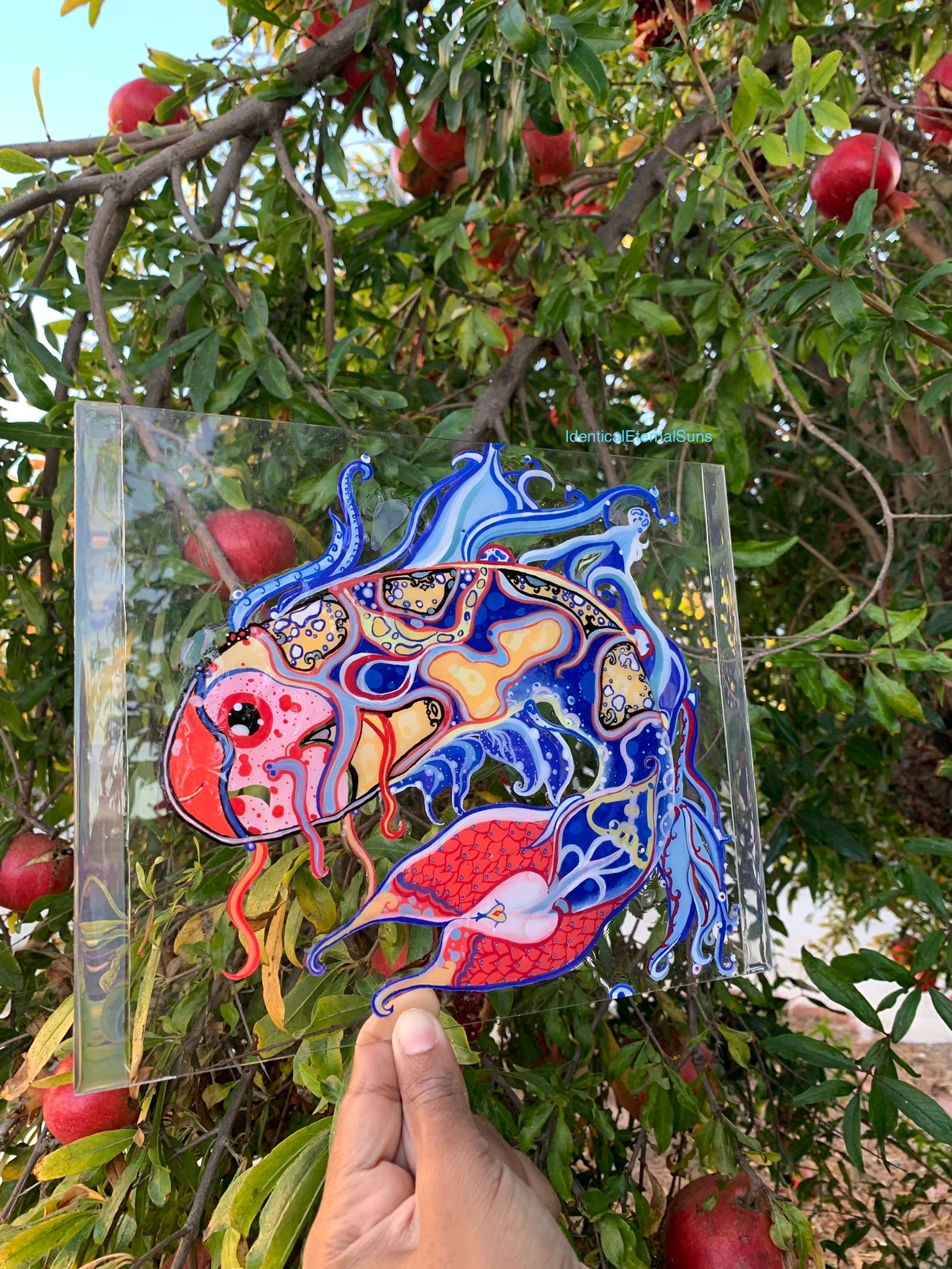 Identicaleternalsuns, art collection, art buyer, Identicaleternalsuns, DenleyTwins, Whimsical, radiant, otherworldly, glorious, fantastical, eternal, divine, Dreamy Fish, Aquarium wonderland, Frutiger Aero vibes, identicaleternalsuns, Ecstatic, frutiger aero art, fish painting on glass, koi, koifish art, mixed media , fishart, fish glass painting, iridescentart, underwaterart, traditional art, contemporary art, asian art, nature art, vibrant colors, handmade