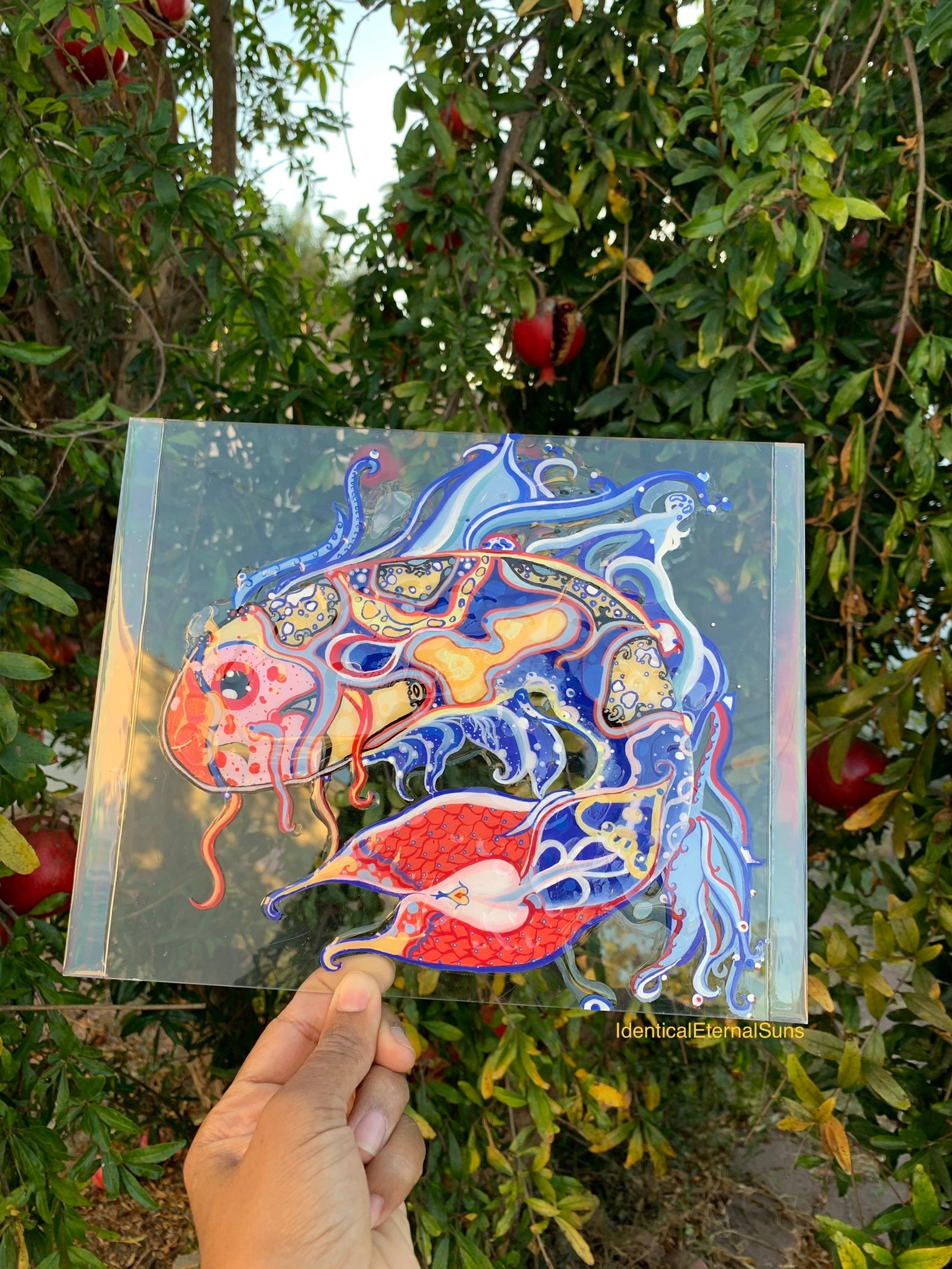 Identicaleternalsuns, art collection, art buyer, Identicaleternalsuns, DenleyTwins, Whimsical, radiant, otherworldly, glorious, fantastical, eternal, divine, Dreamy Fish, Aquarium wonderland, Frutiger Aero vibes, identicaleternalsuns, Ecstatic, frutiger aero art, fish painting on glass, koi, koifish art, mixed media , fishart, fish glass painting, iridescentart, underwaterart, traditional art, contemporary art, asian art, nature art, vibrant colors, handmade