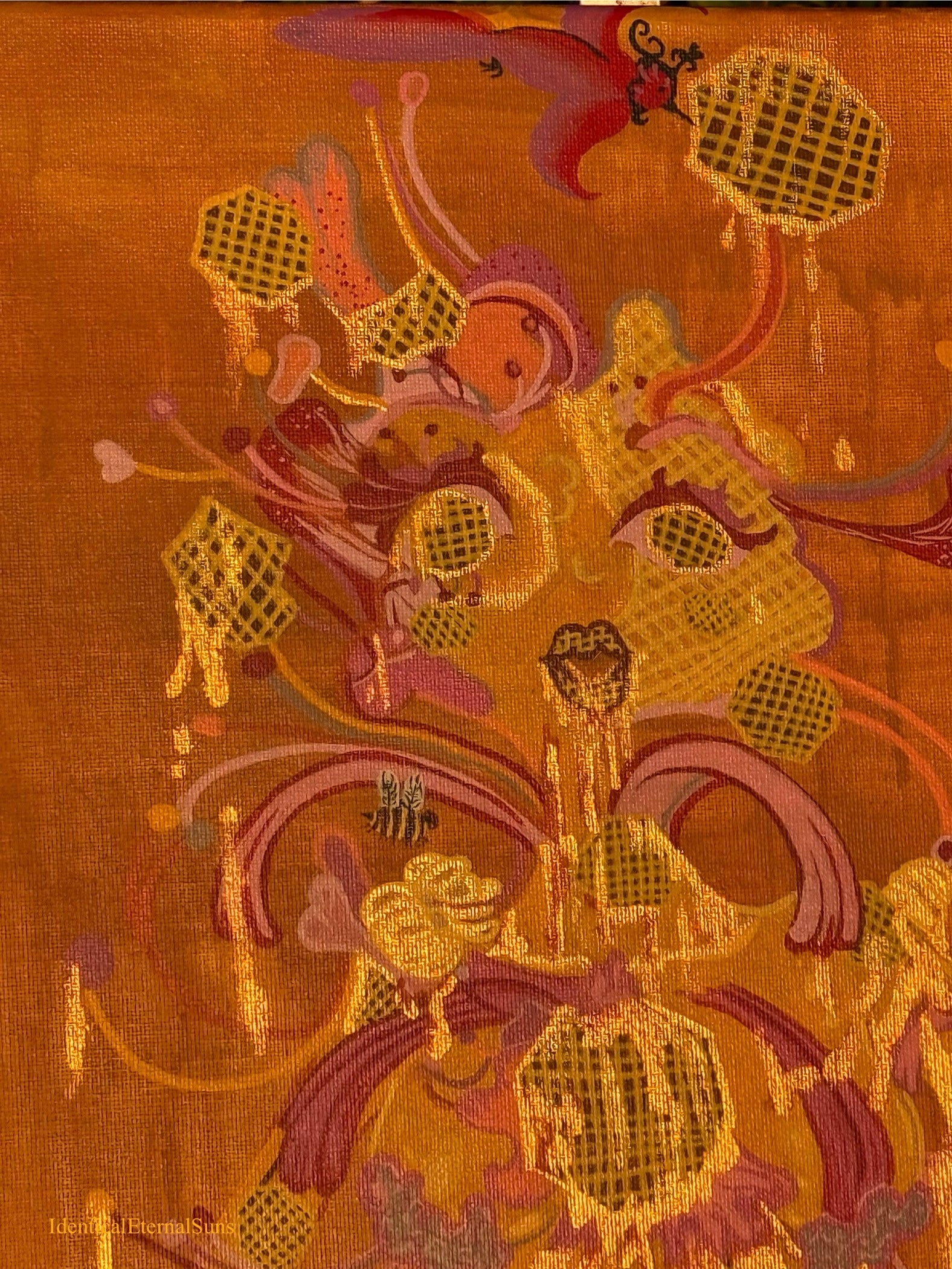 Abundantka Honeysuckle: the honeycomb femme Original Painting, flowerpower, sacred feminine, bee priestess, milk and honey, creator, heaven on earth, surrealism, Abundantka Honeysuckle honeycomb femme, painting, golden hour, golden, honey, nectar, radiance, brilliance, abundance, beauty, sweetness, fantastical art, surreal paintings, whimsical artwork, colorful surrealism, detailed fantasy art, vibrant surreal art, highly detailed paintings, maximalist art, colorful fine art, imaginative painting, dreamlike