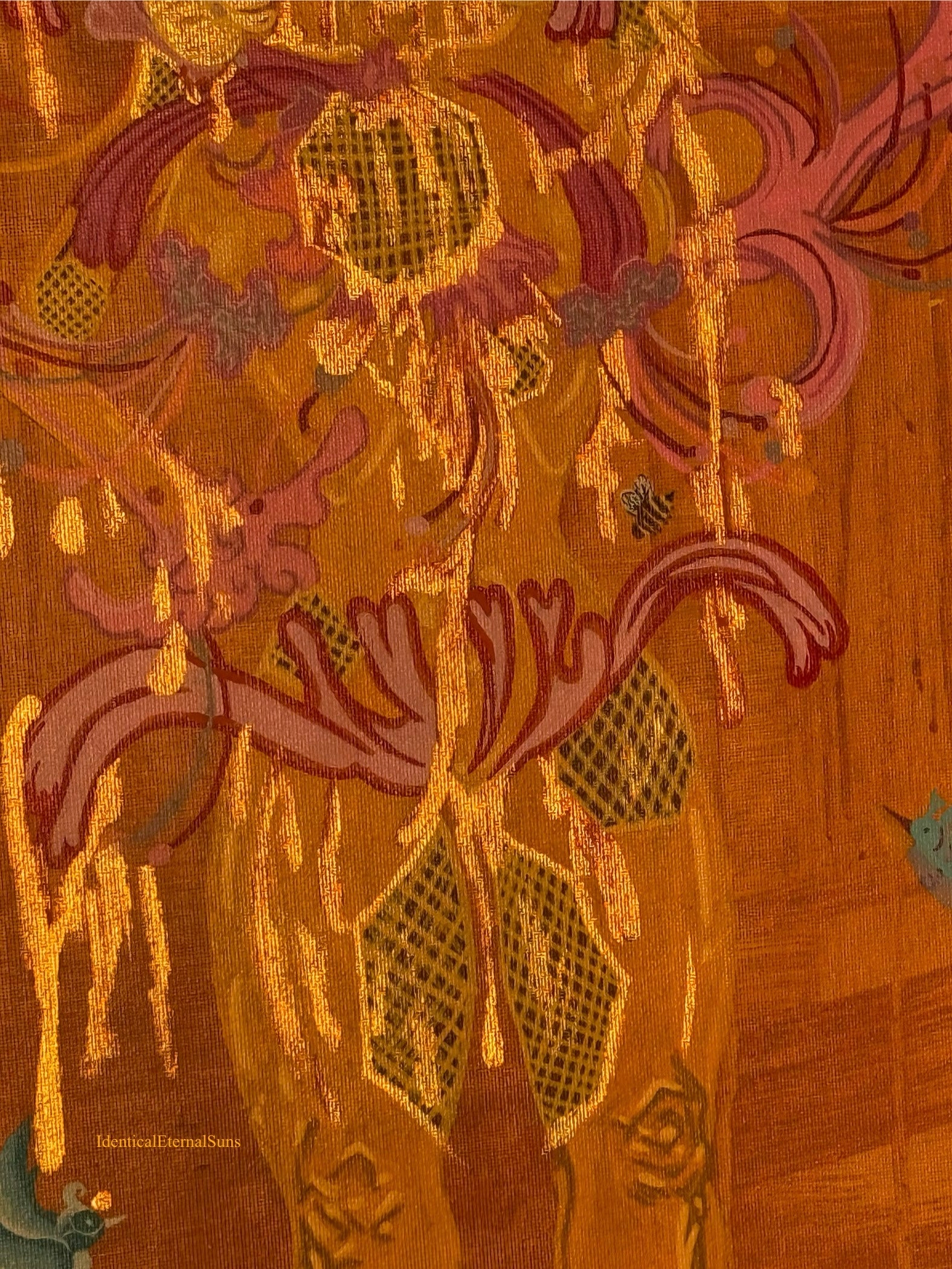 Abundantka Honeysuckle: the honeycomb femme Original Painting, flowerpower, sacred feminine, bee priestess, milk and honey, creator, heaven on earth, surrealism, Abundantka Honeysuckle honeycomb femme, painting, golden hour, golden, honey, nectar, radiance, brilliance, abundance, beauty, sweetness, fantastical art, surreal paintings, whimsical artwork, colorful surrealism, detailed fantasy art, vibrant surreal art, highly detailed paintings, maximalist art, colorful fine art, imaginative painting, dreamlike