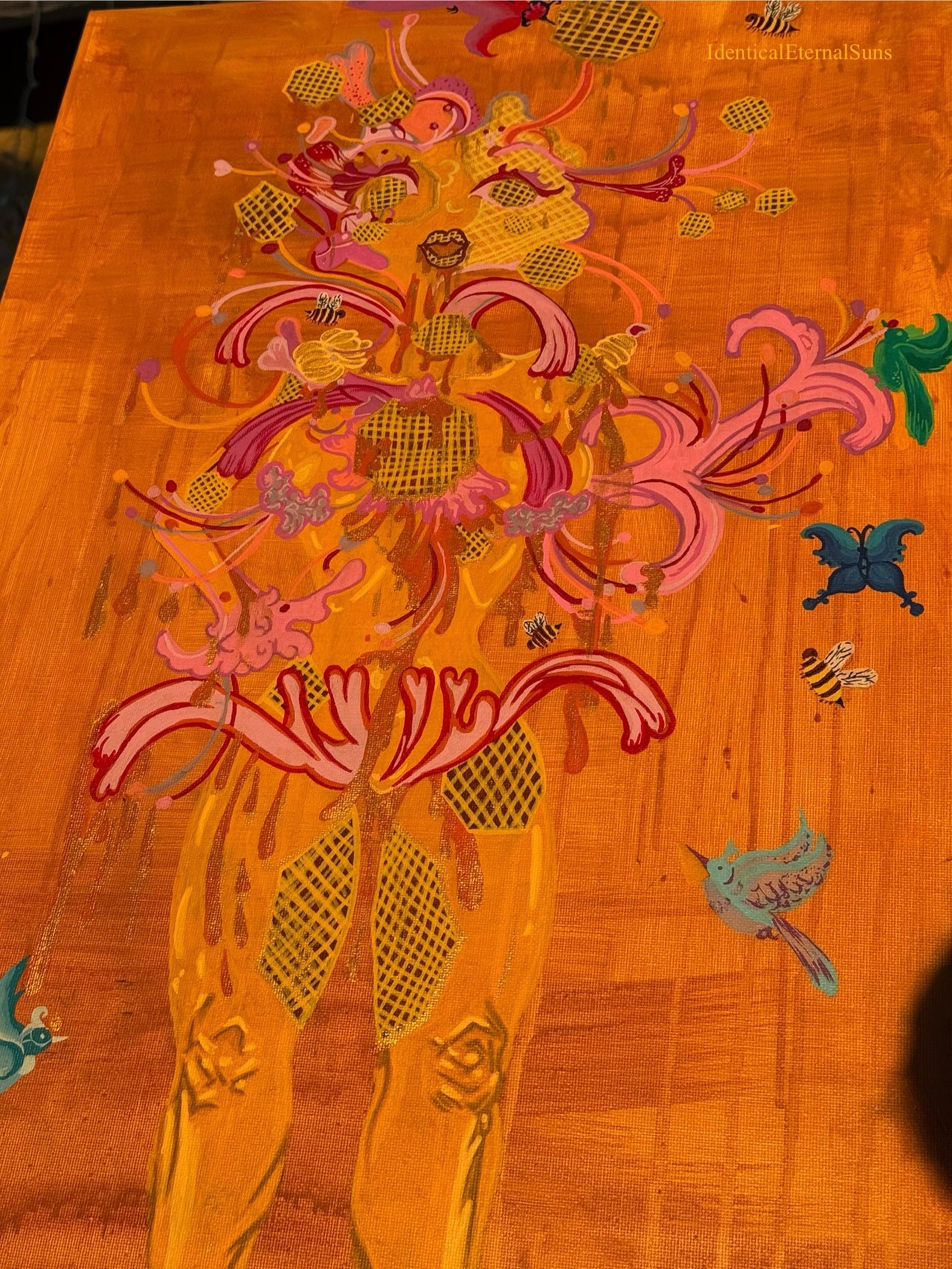 Abundantka Honeysuckle: the honeycomb femme Original Painting, flowerpower, sacred feminine, bee priestess, milk and honey, creator, heaven on earth, surrealism, Abundantka Honeysuckle honeycomb femme, painting, golden hour, golden, honey, nectar, radiance, brilliance, abundance, beauty, sweetness, fantastical art, surreal paintings, whimsical artwork, colorful surrealism, detailed fantasy art, vibrant surreal art, highly detailed paintings, maximalist art, colorful fine art, imaginative painting, dreamlike