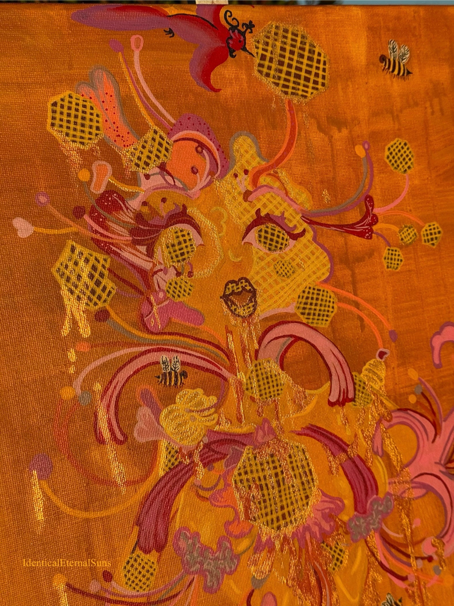 Abundantka Honeysuckle: the honeycomb femme Original Painting, flowerpower, sacred feminine, bee priestess, milk and honey, creator, heaven on earth, surrealism, Abundantka Honeysuckle honeycomb femme, painting, golden hour, golden, honey, nectar, radiance, brilliance, abundance, beauty, sweetness, fantastical art, surreal paintings, whimsical artwork, colorful surrealism, detailed fantasy art, vibrant surreal art, highly detailed paintings, maximalist art, colorful fine art, imaginative painting, dreamlike