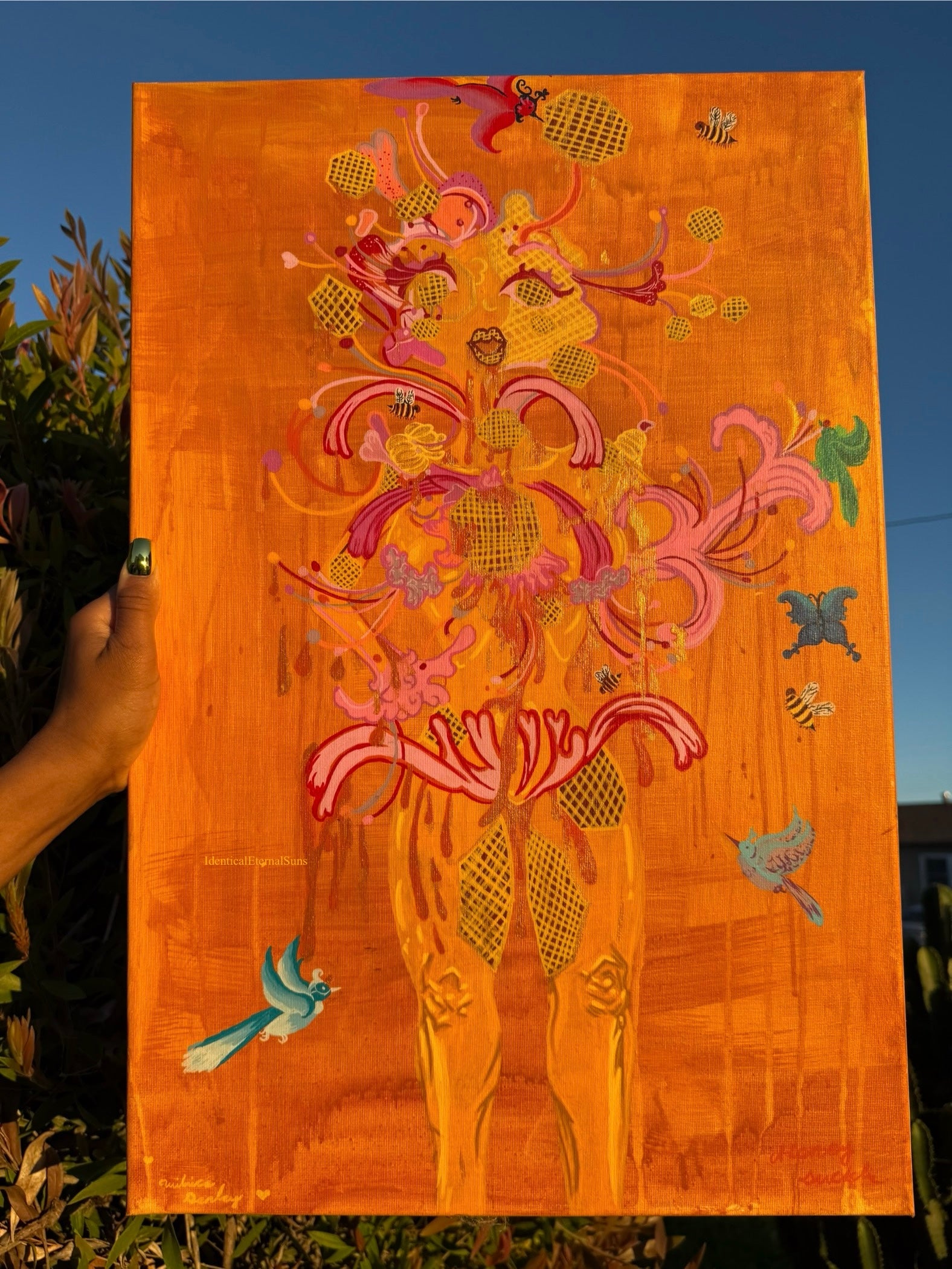 Abundantka Honeysuckle: the honeycomb femme Original Painting, flowerpower, sacred feminine, bee priestess, milk and honey, creator, heaven on earth, surrealism, Abundantka Honeysuckle honeycomb femme, painting, golden hour, golden, honey, nectar, radiance, brilliance, abundance, beauty, sweetness, fantastical art, surreal paintings, whimsical artwork, colorful surrealism, detailed fantasy art, vibrant surreal art, highly detailed paintings, maximalist art, colorful fine art, imaginative painting, dreamlike